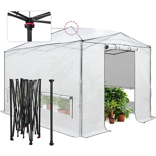 EAGLE PEAK Instant Pop-up Greenhouse, Indoor Outdoor Plant Gardening Green House, Roll-Up Zipper Doors and Side Windows & Winter Support Pole, Heavy Duty Walk in 12x8 ft, Woven PE Cover, White