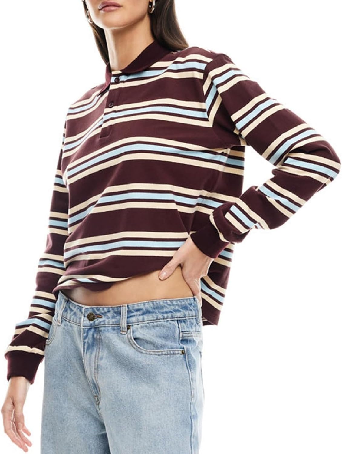 Argeousgor Women Y2k Striped Rugby Shirt Vintage Long Sleeve Collared Shirt Preppy Polo Sweatshirt Jersey Girls Streetwear - Image 4