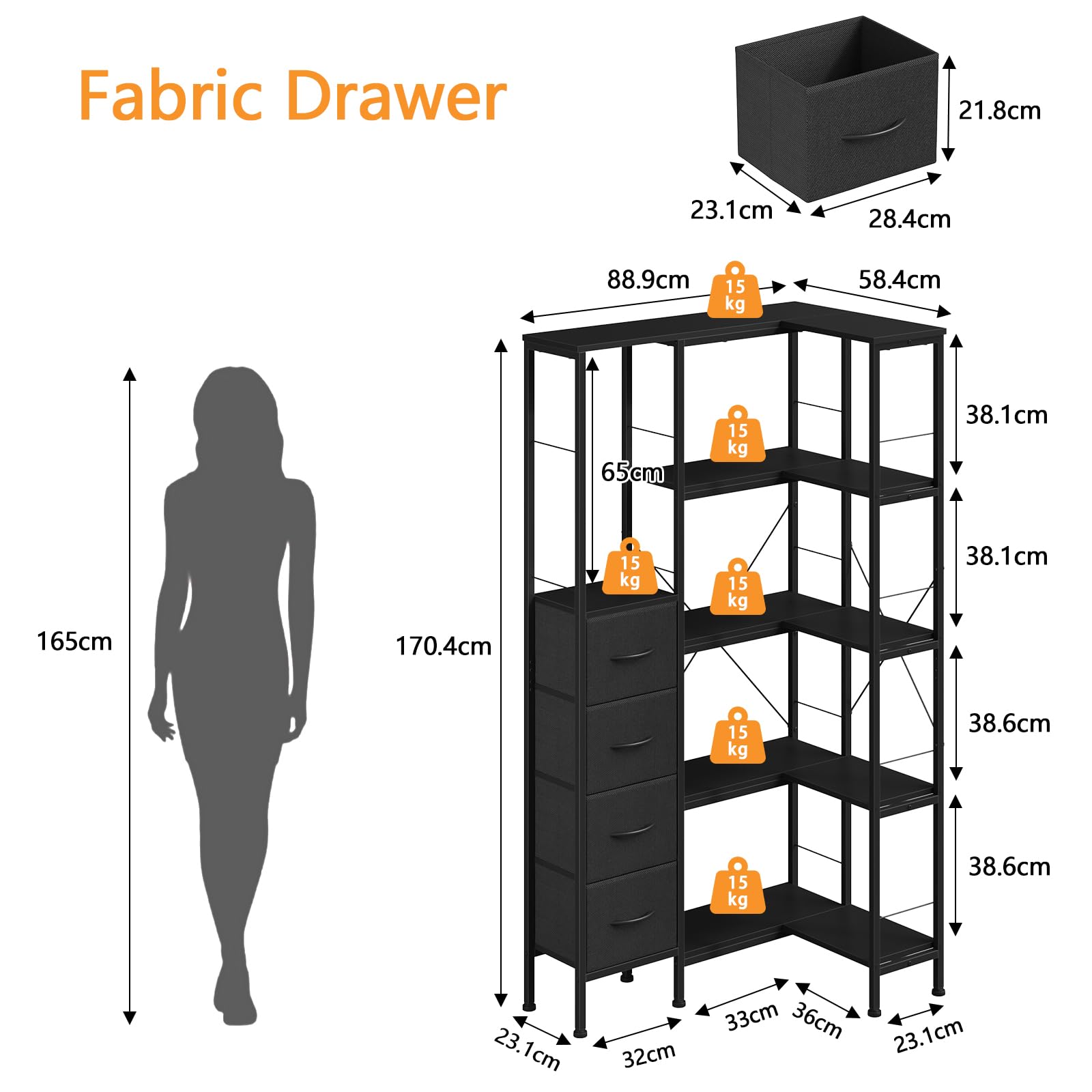 Libreria Angolare con Illuminazione a LED e 5 Ripiani, Nero | Libreria Verticale con 4 Cassetti in Tessuto, Scaffale Libreria, Armadio Angolare per Soggiorno, Camera da Letto, Ufficio