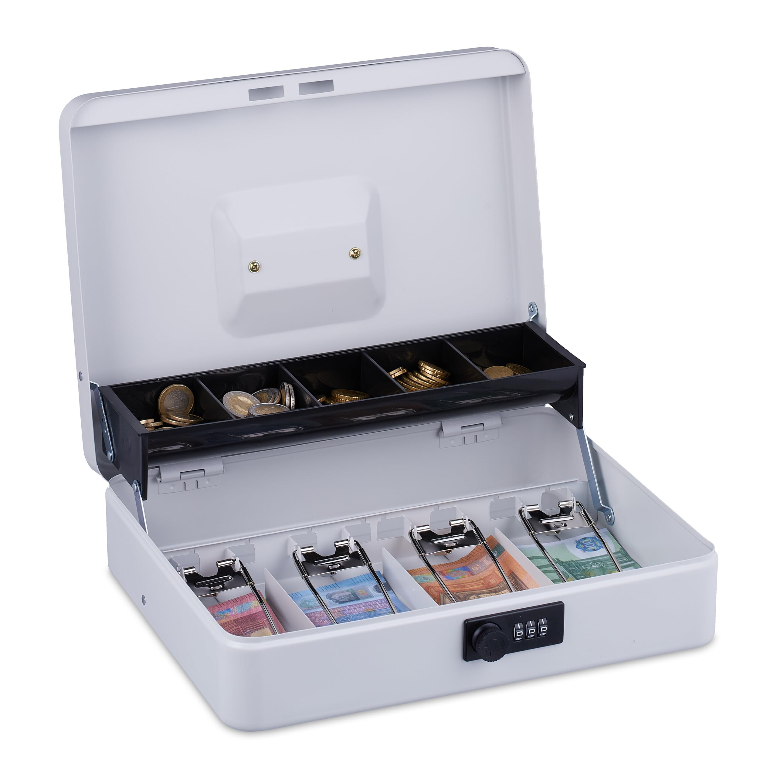 Relaxdays Cash box, 3-digit combination, coin insert & 4 note compartments, lockable, iron cash box, white