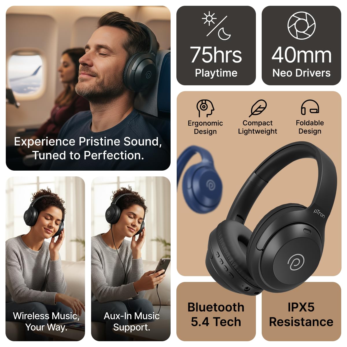 pTron Studio Classic w/ 75Hrs Playtime, Wireless Over Ear Headphones w/HD Mic, Dual Device Pairing, TruTalk AI-ENC Calls, Low-Latency Game & Music, Deep Bass, BT5.4 & Type-C Charging (Black) — Amazon image 2
