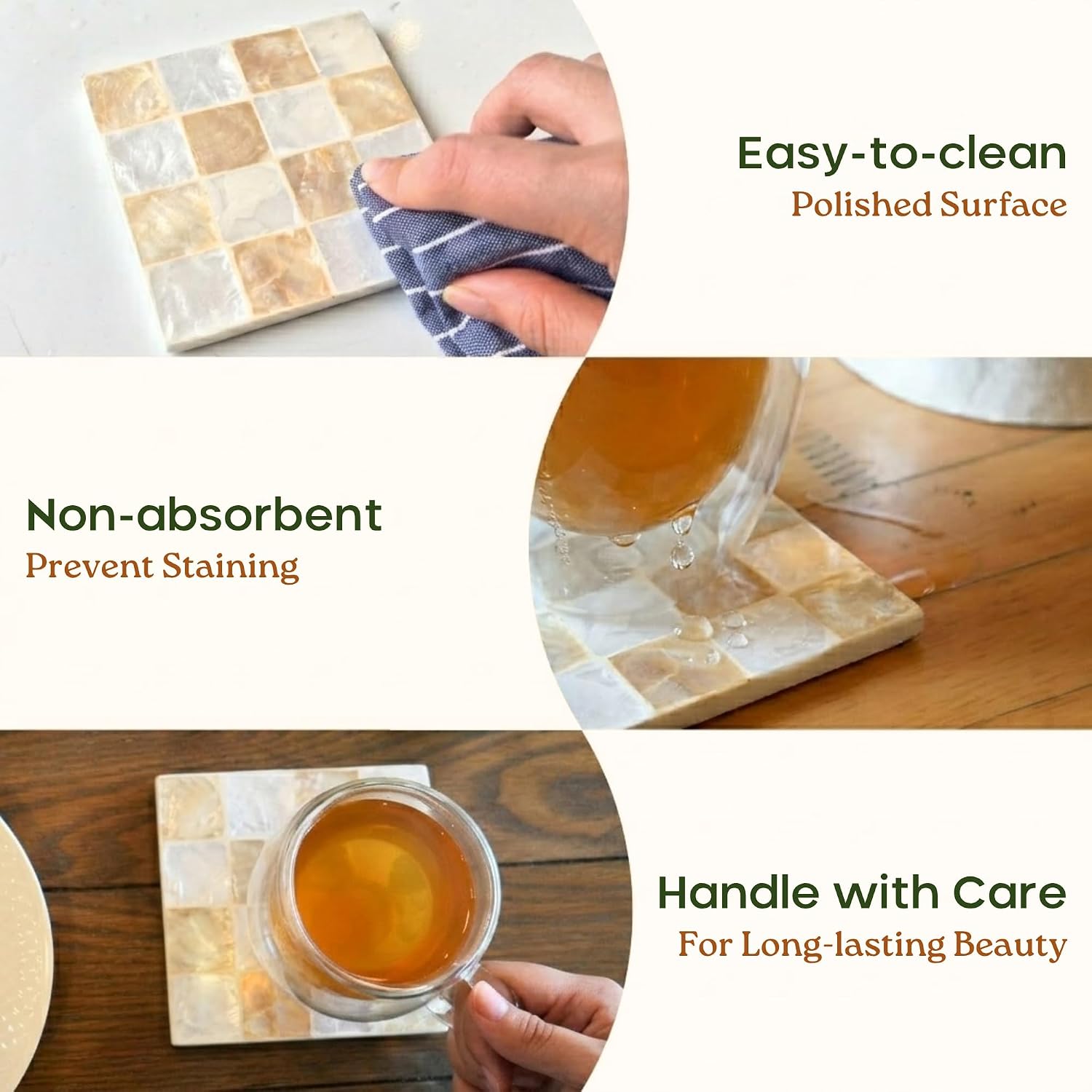 CHI AN HOME 4" Capiz Shell Coasters Set of 6, Checkered Desk Coaster, Modern Decorative Farmhouse Coasters for Coffee Table Decor, Table Top Decor (Ivory)