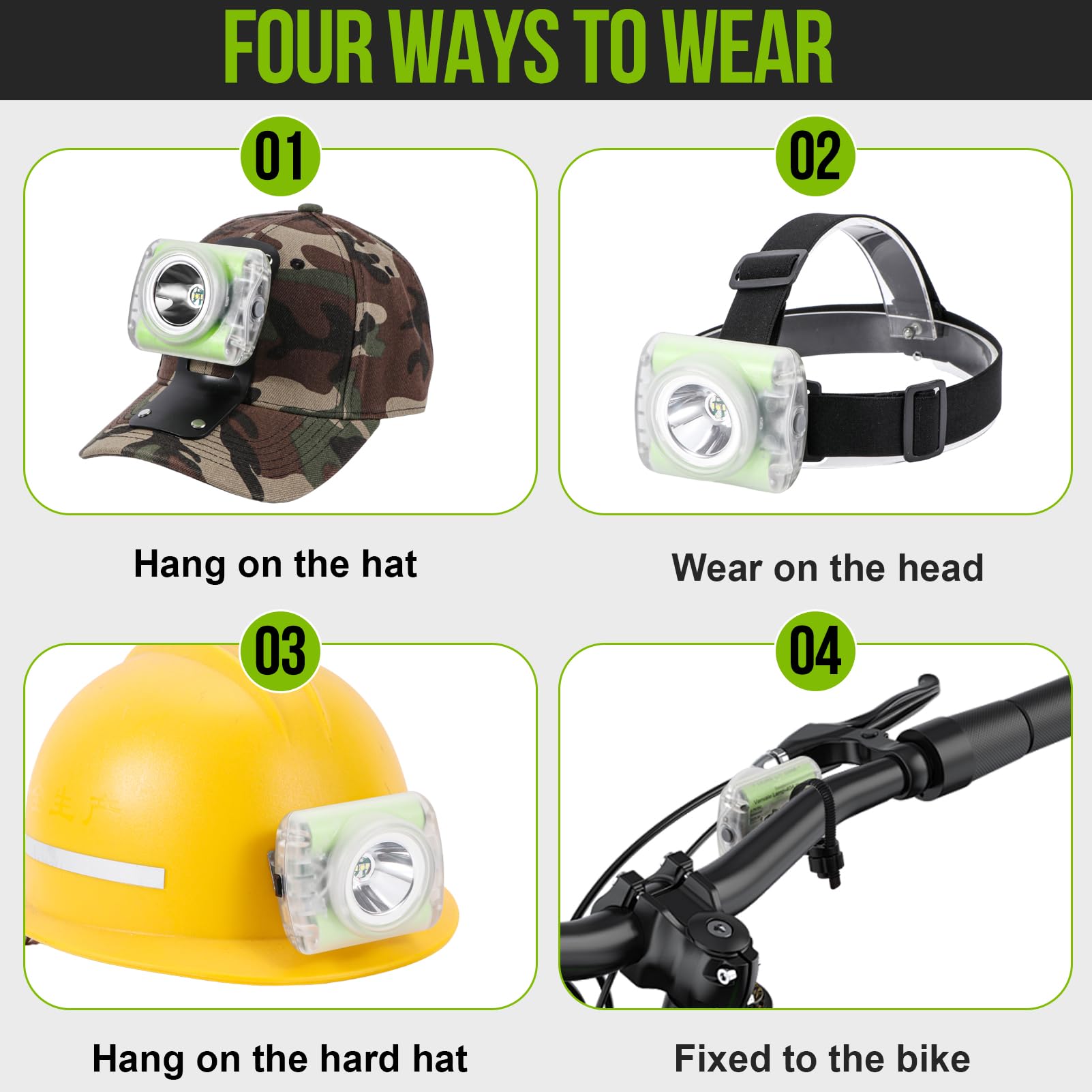 Lampada frontale a LED ricaricabile ad alta potenza, leggera, IP68, impermeabile, per minatori, lavoro all'aperto, escursionismo, campeggio, speleologia, uso di emergenza (kit luce minatore + cappello