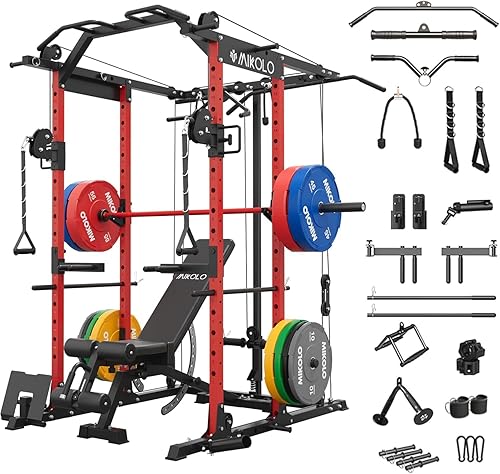 Miniatura 10 de Mikolo Jaula de Potencia, Rack de Potencia con Sistema de Cruce de Cables, 1500LBS Rack para Sentadillas con Sistema de Jalón LAT, Jaula de Rojo