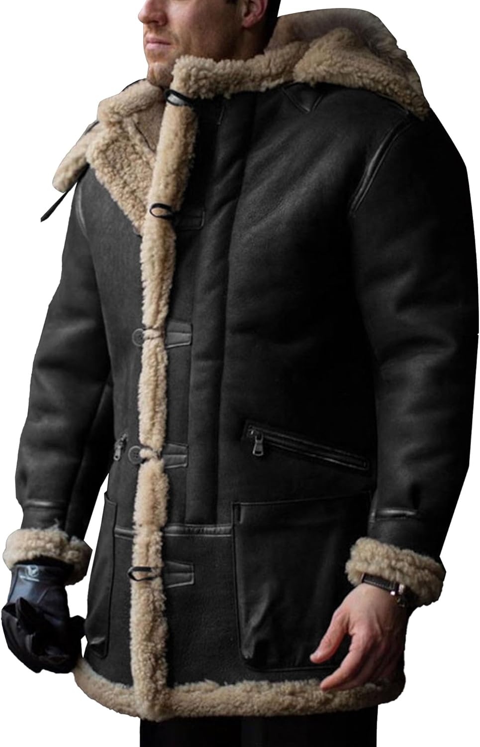 JEKE-DG Me Sherpa Fleece Lined Jackets Bomber Heavyweight Winter Overcoats Button Lapel Long Sleeve Leather Coat