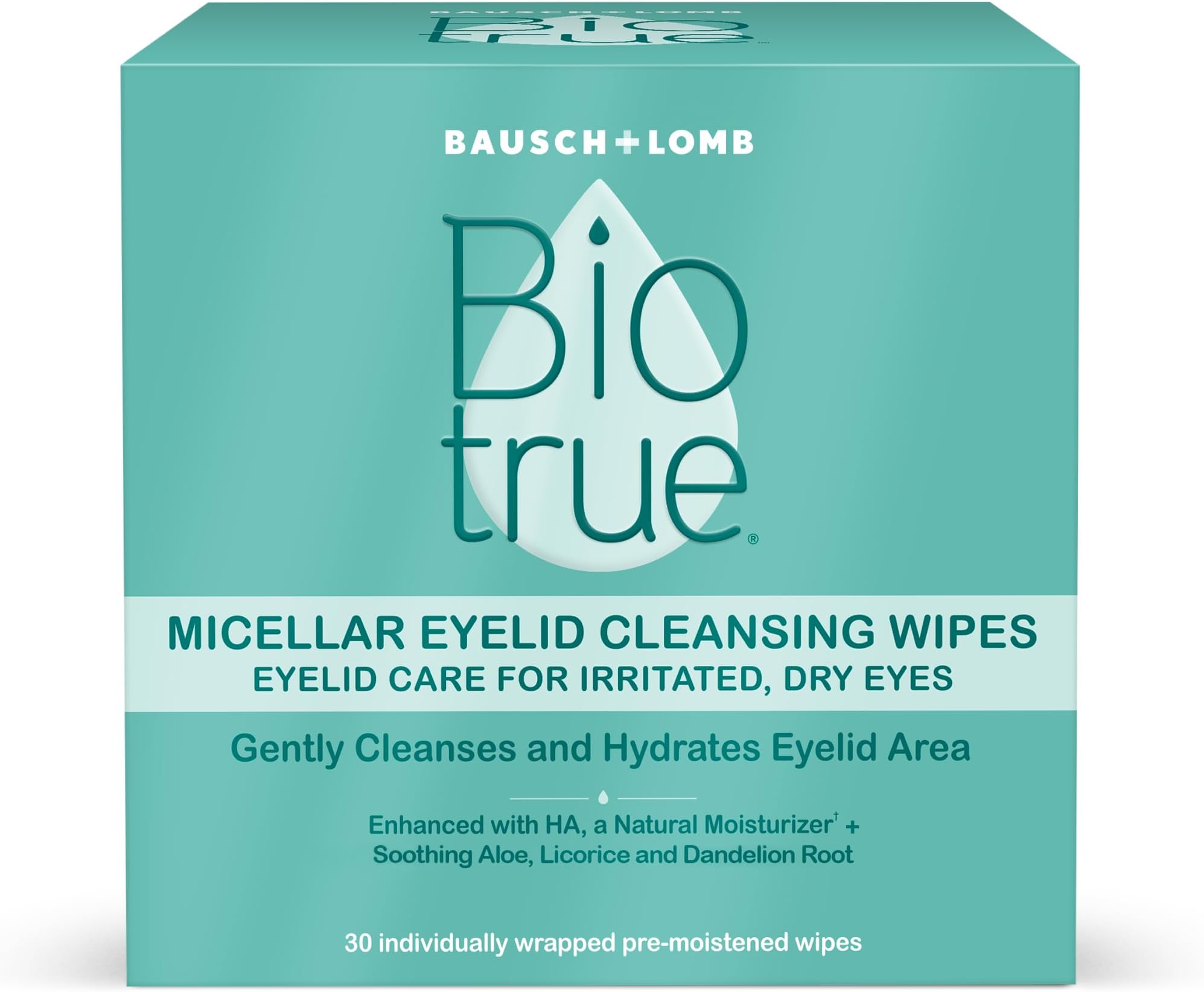 Biotrue Micellar Eyelid Cleansing Wipes, Fragrance-Free Eyelid Care for Dry, Irritated Eyes, Gently Cleanses, Hydrates & Soothes Eyelids, Moisturizing Eye Wipes for Daily Use, 30 Wipes (Pack of 1)