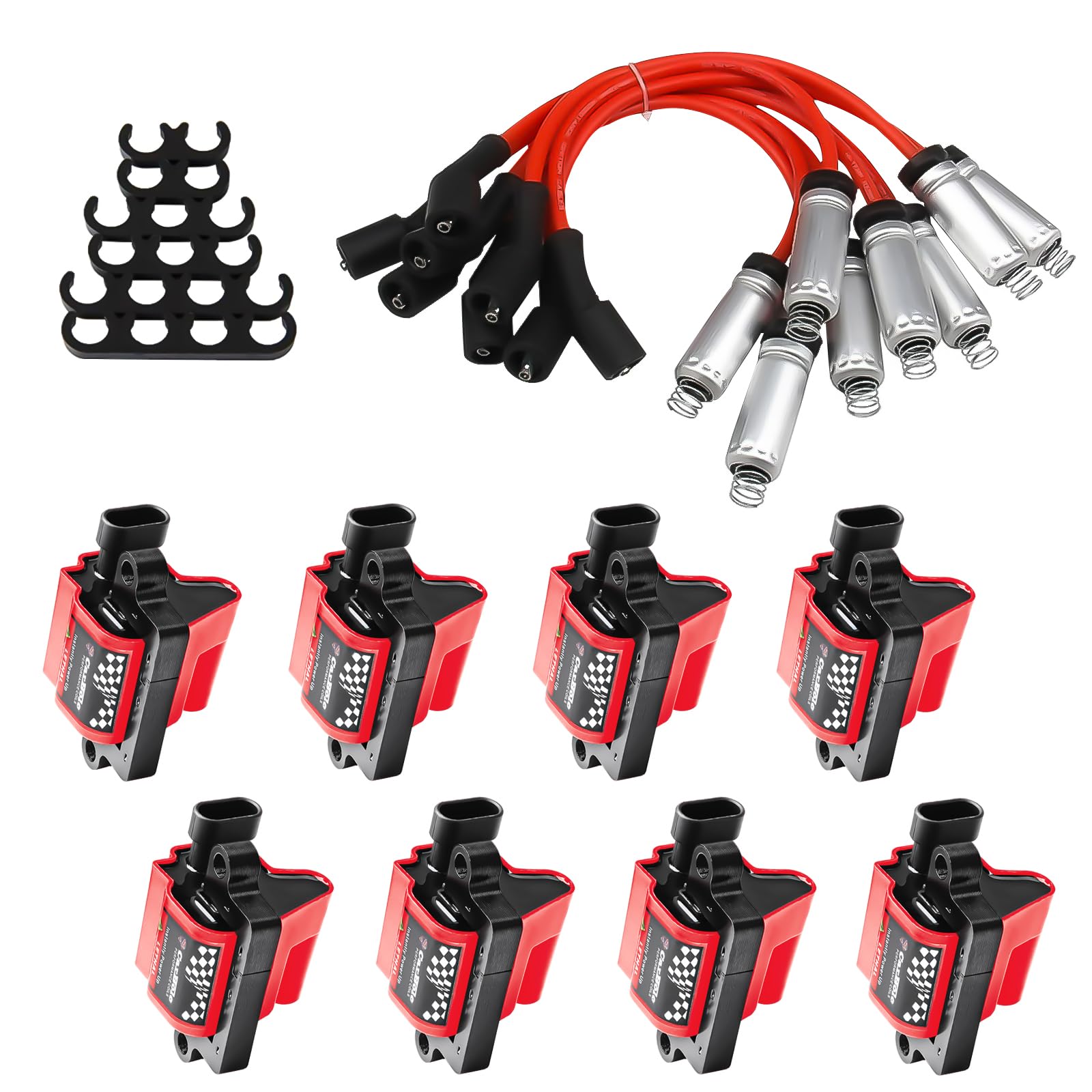 BOMLING D581 UF271 Ignition Coil Pack and 8mm Spark Plug Wires Set Compatible with Cadillac Escalade Chevy Silverado Avalanche Express 3500 Suburban Tahoe GMC Sierra 4.8L 5.3L 6.0L 8.1L, 8 Pcs, Square