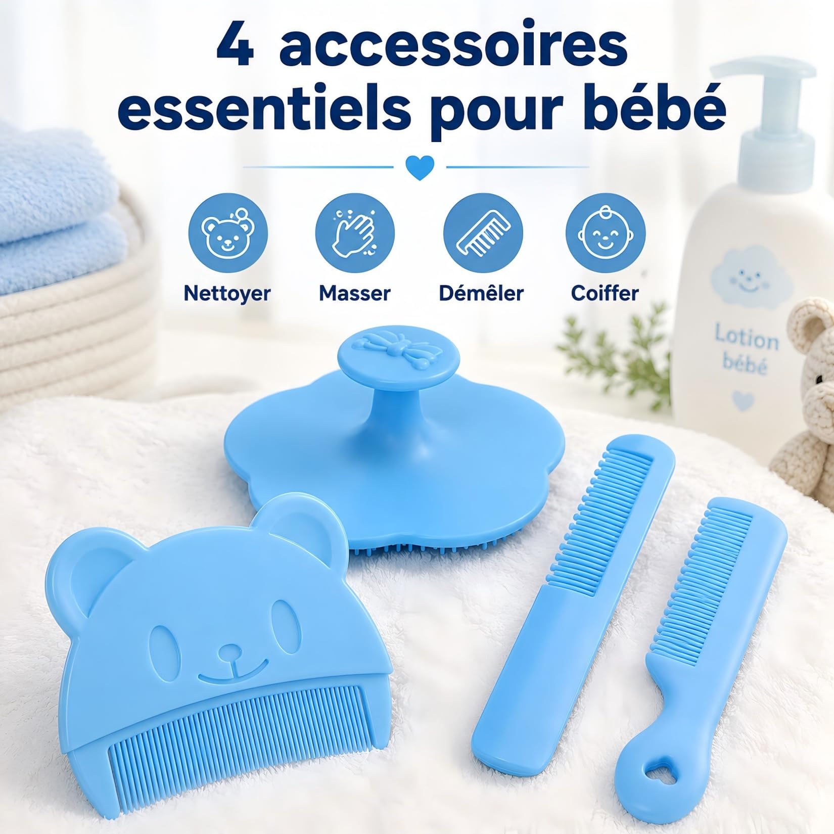 Lot de 4 Brosses et Peignes pour Bébé, Peigne Doux Anti-Croûte de Lait, Brosse à Cheveux Bébé, Peigne Anti-Croûte Efficace, Aide au Nettoyage et Massage Doux du Cuir Chevelu pour Nouveau-Nés et Bébés