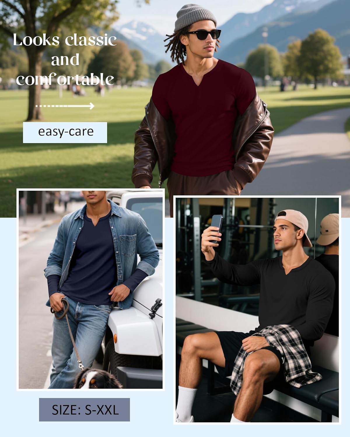 Riyiper 3 Pack Men's Long Sleeve T Shirts, V Neck Longline Henley Cotton Shirts Casual Muscle Tee Stretch Athletic Tops - Image 6