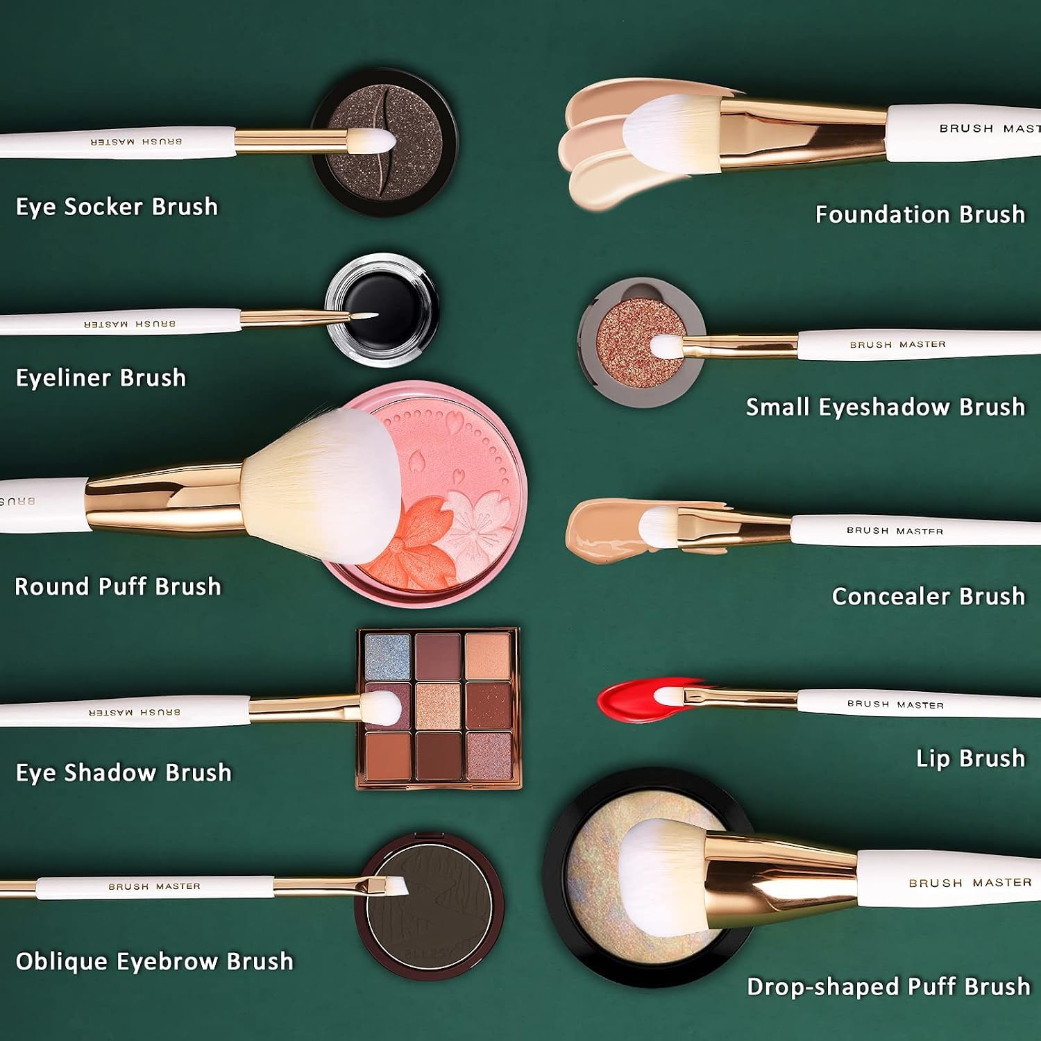 10-Piece Makeup Brush Set with Flat Foundation Brush