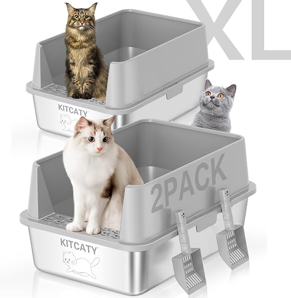 KITCATY Stainless Steel Litter Box, XL Extra Large, Silver, Modern Style, Open Top, High Sides, Leak-Proof, Stain-Free,