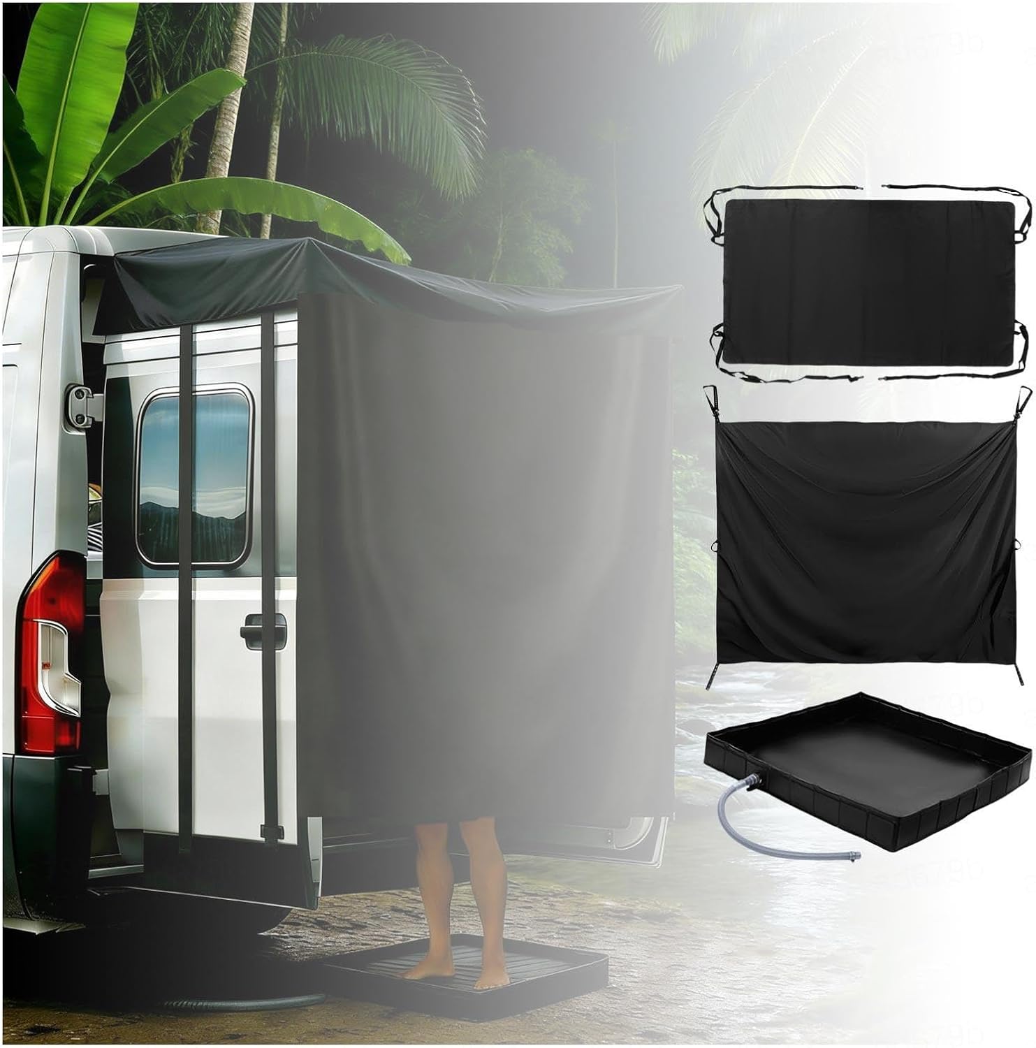 Truck Camping Accessories Three-Piece Set, Includes Car Awning for Camping, Portable Shower Curtain, Rv Shower Pan, Easy Setup Compatible with a Variety of Cars