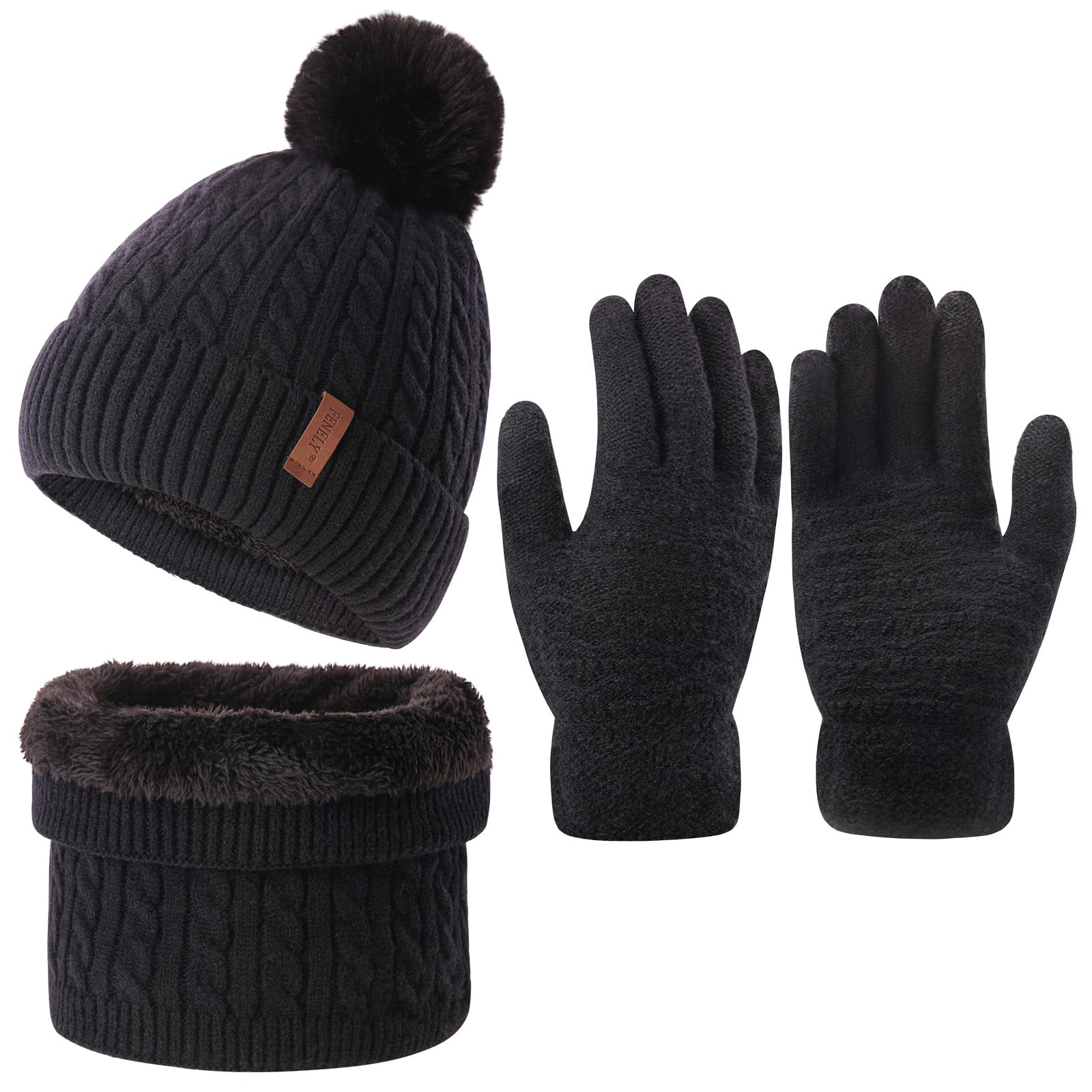 3Pcs Winter Women Beanie Hat Scarf and Touch Screen Gloves Sets Girls Classic Knit Warm Chunky Fleece Lined Cable Cap