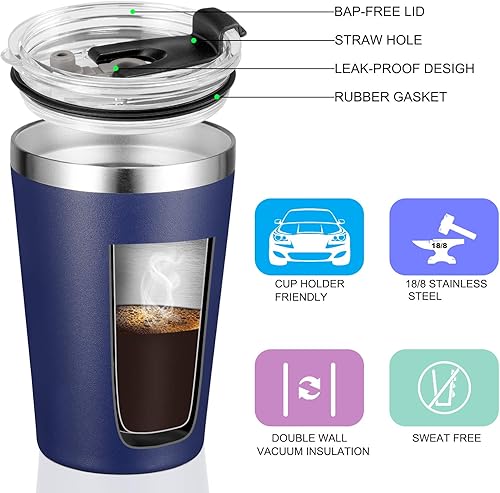 Miniatura 9 de VEGOND Vaso de acero inoxidable de 12 onzas con aislamiento al vacío de doble pared con tapa y pajita, reutilizable, color negro, paquete de 6