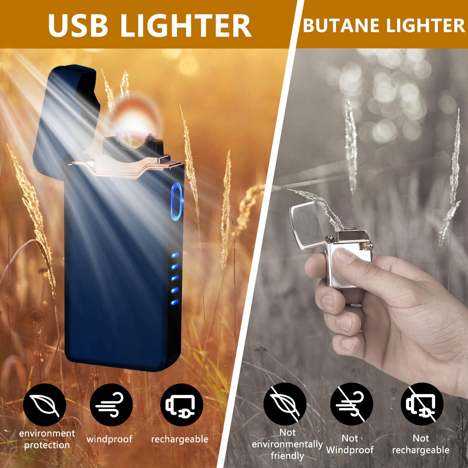 Briquet électrique plasma USB-C rechargeable avec boîtier en métal et indicateur de niveau de charge pour feux d'artifice, camping, bougies, barbecue, extérieur, bleu
