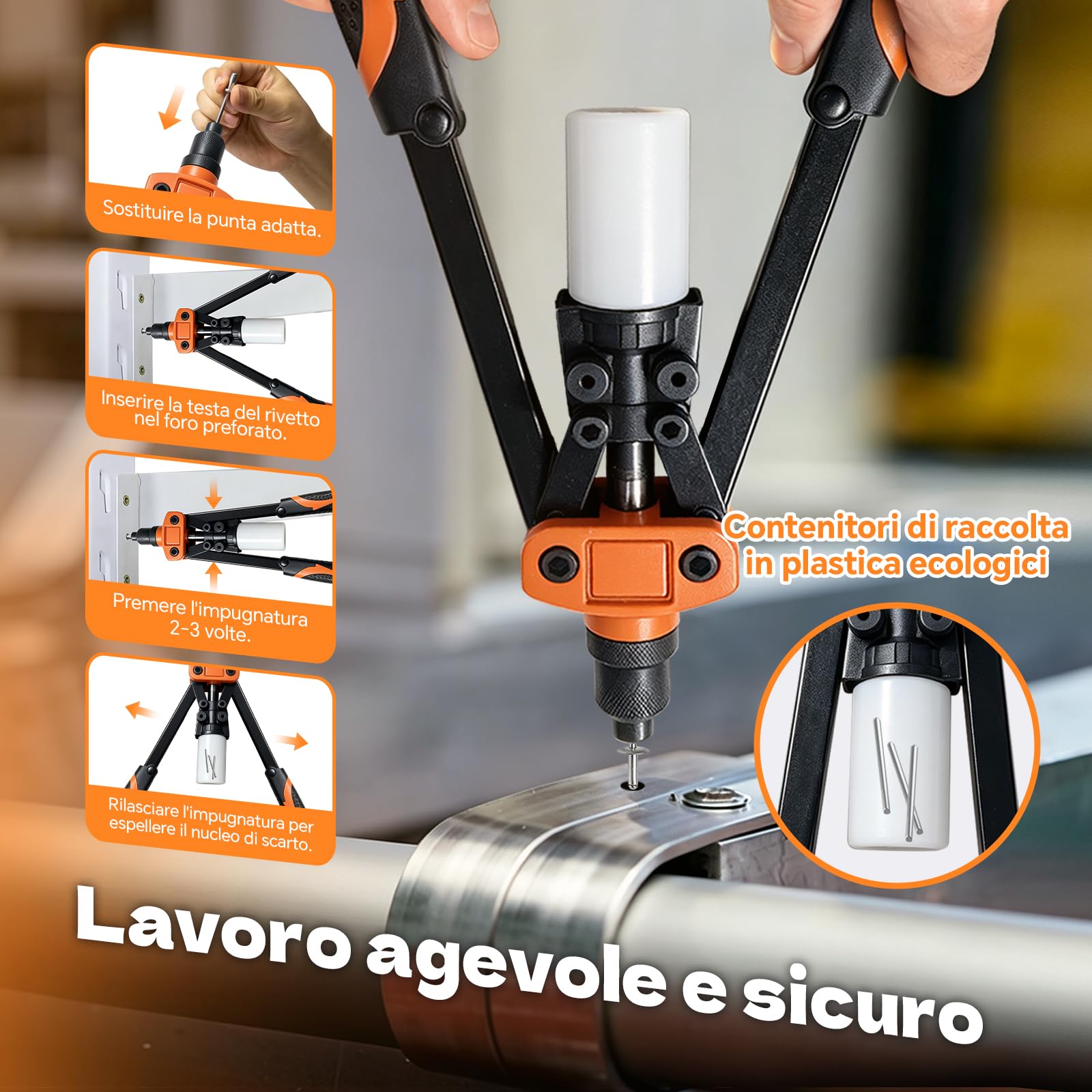 Set Pinzatrice per Rivetti da 13" con 110 Rivetti per Rivettatrice Cieca da 6,4 mm-2,4 mm, 5 Bocchini Intercambiabili, Rivettatrice Manuale per Auto, Lavori in Metallo, Mobili, Strumenti