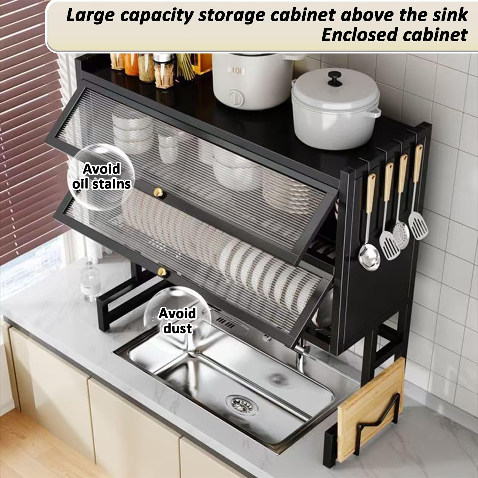 Escurridor de Platos de 4 Niveles con Tapa, Mantiene el Estante del Fregadero de la Cocina organizado, Ahorra Espacio, escurridor de Platos Grande para Platos, Vasos, tazones y Cubiertos (bl