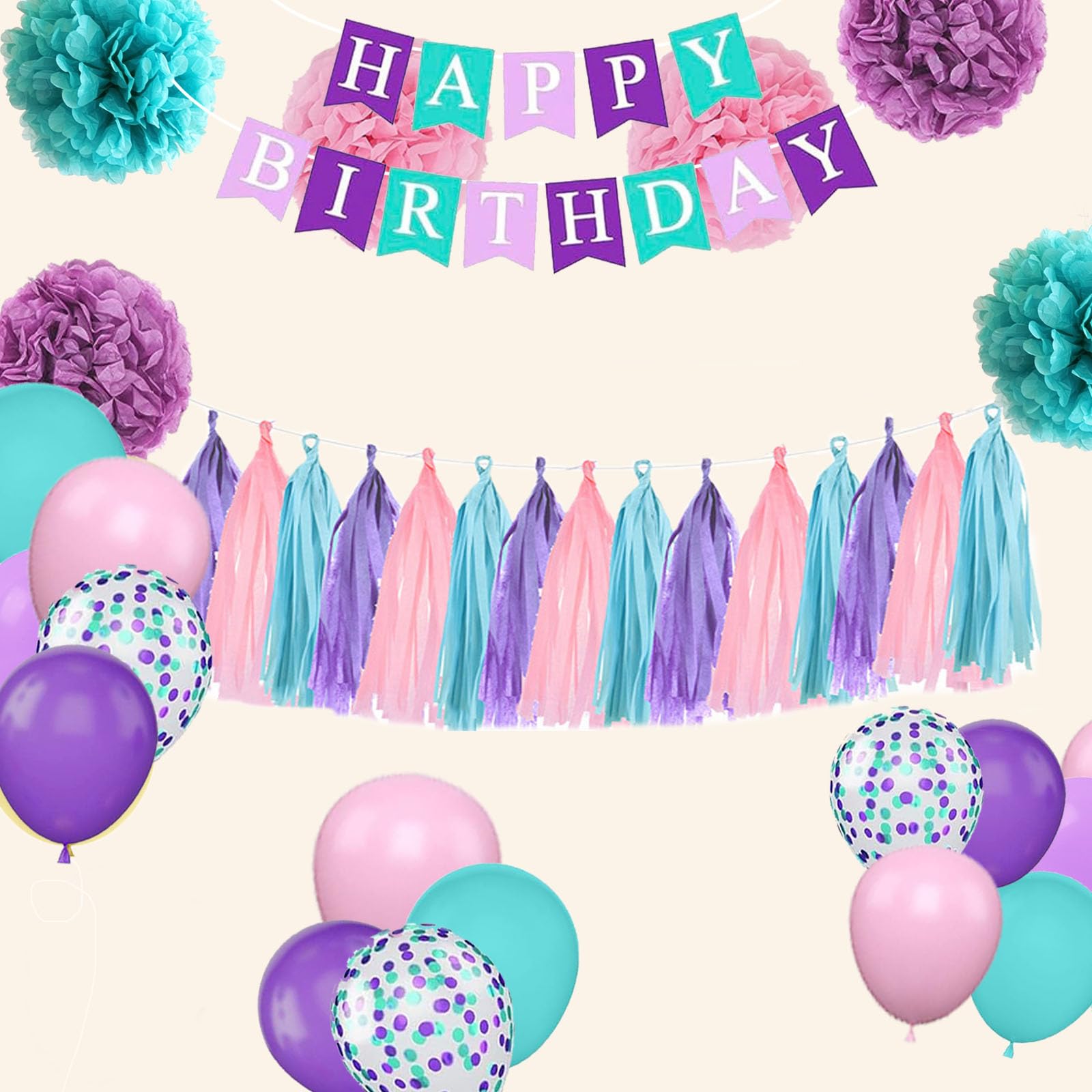 Decoraciones de cumpleaños verde azulado, morado, rosa, decoración de fiesta de cumpleaños de sirena para niñas y mujeres con pompones, borlas y globos