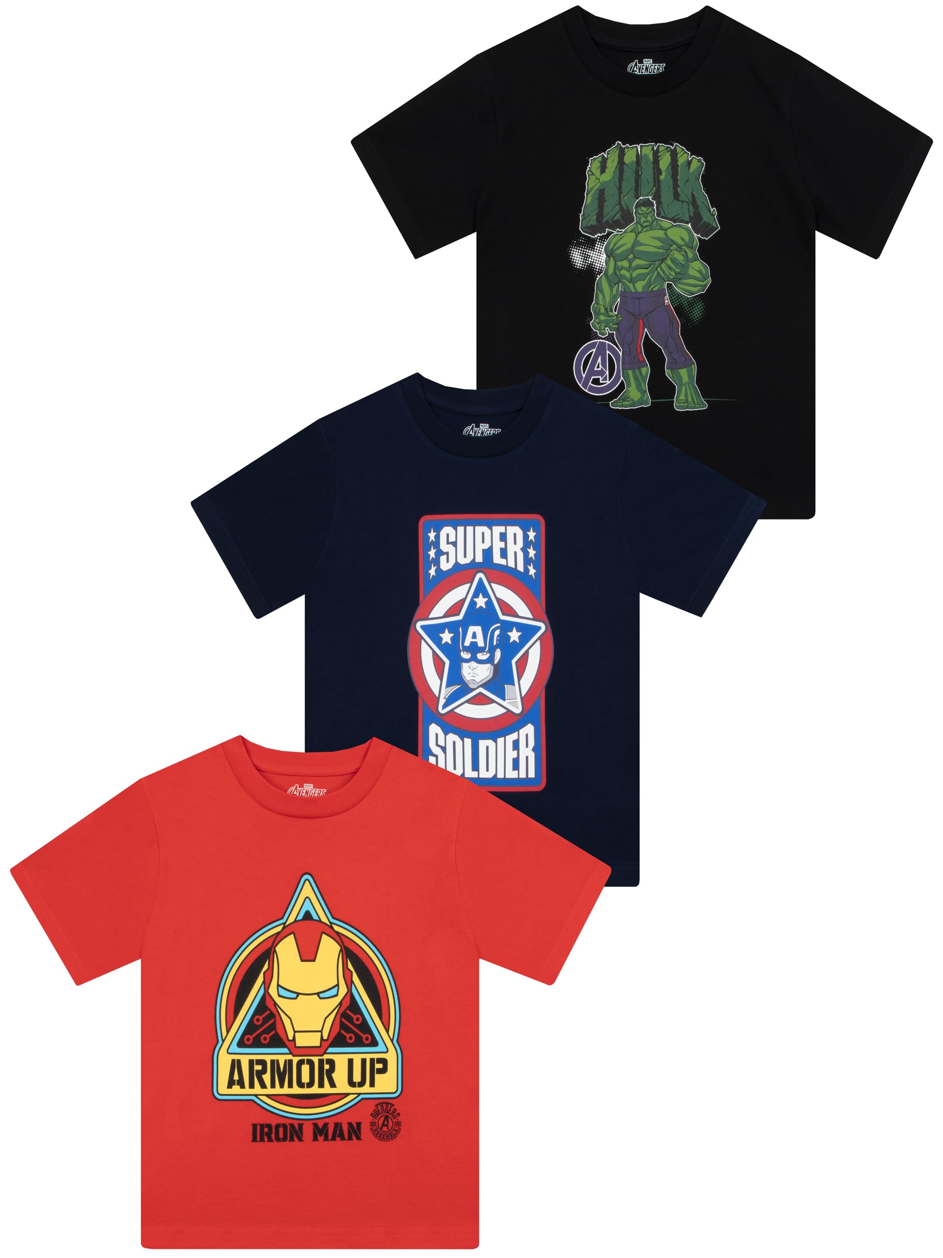 T-Shirt 3 Pack, Captain America, Hulk, Iron Man Avengers Shirt, Multipack Boys T Shirts for Summer