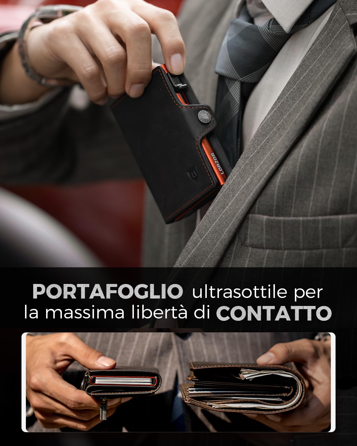 LORZOR Portafoglio Uomo Pelle, Porta Carte di Credito con Protezione RFID & Portamonete, Porta Tessere Tascabile, Portacarte Uomo Pop-up Contenere 10 Carte,con Scomparto per Contanti