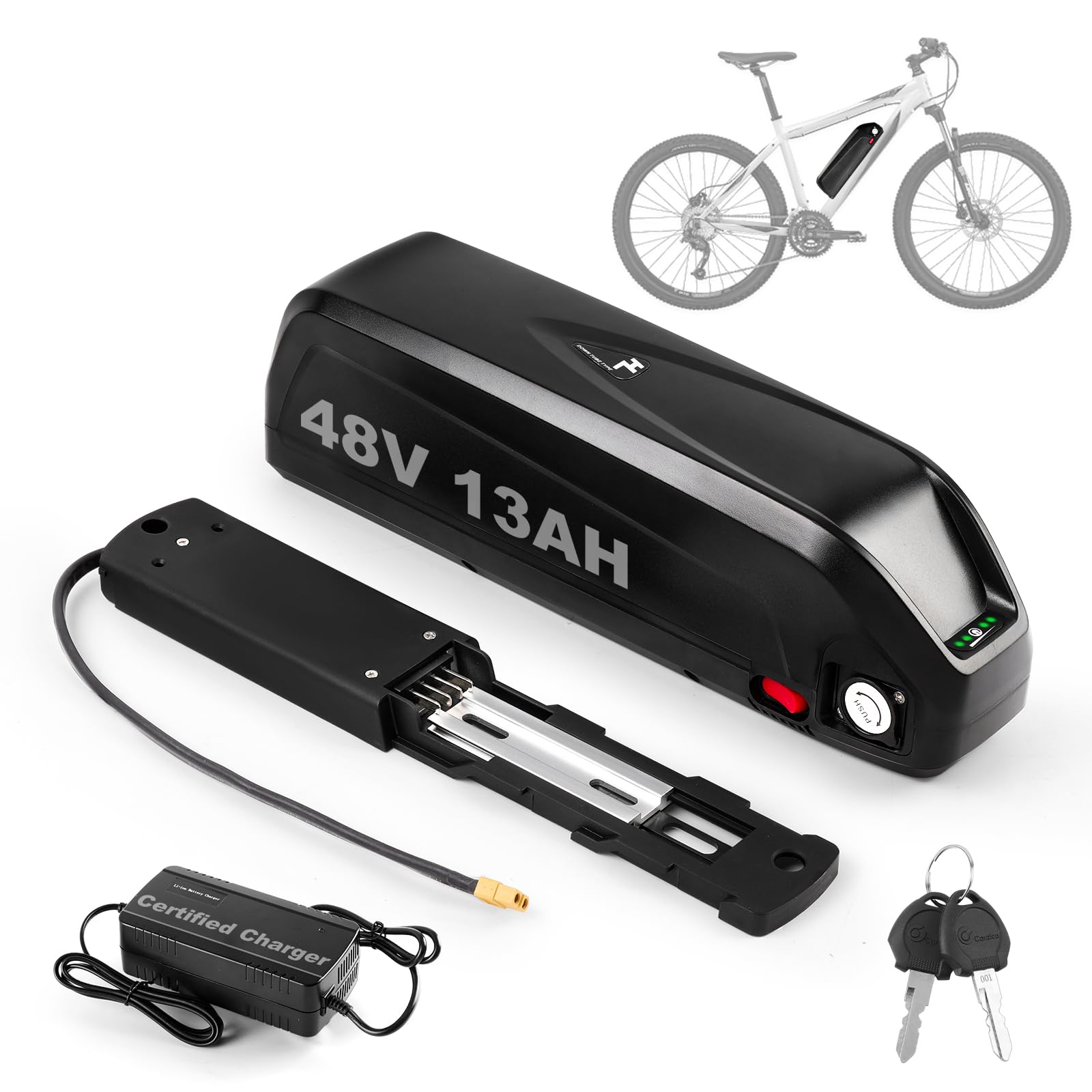 48V 13AH Batteria per Bicicletta Elettrica con Caricatore, Hailong Batteria Agli Ioni di Litioper Bici Elettrica Sul Tubo Obliquo, con Piastra di Base a 4 Pin