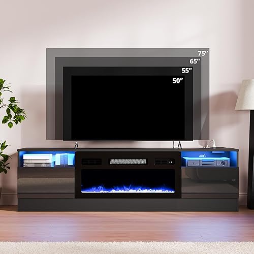 Miniatura 4 de Cozy Castle Soporte de TV con chimenea eléctrica de 30 pulgadas de hasta 75 pulgadas, soporte de TV LED de alto brillo moderno para TV de 65 y 70