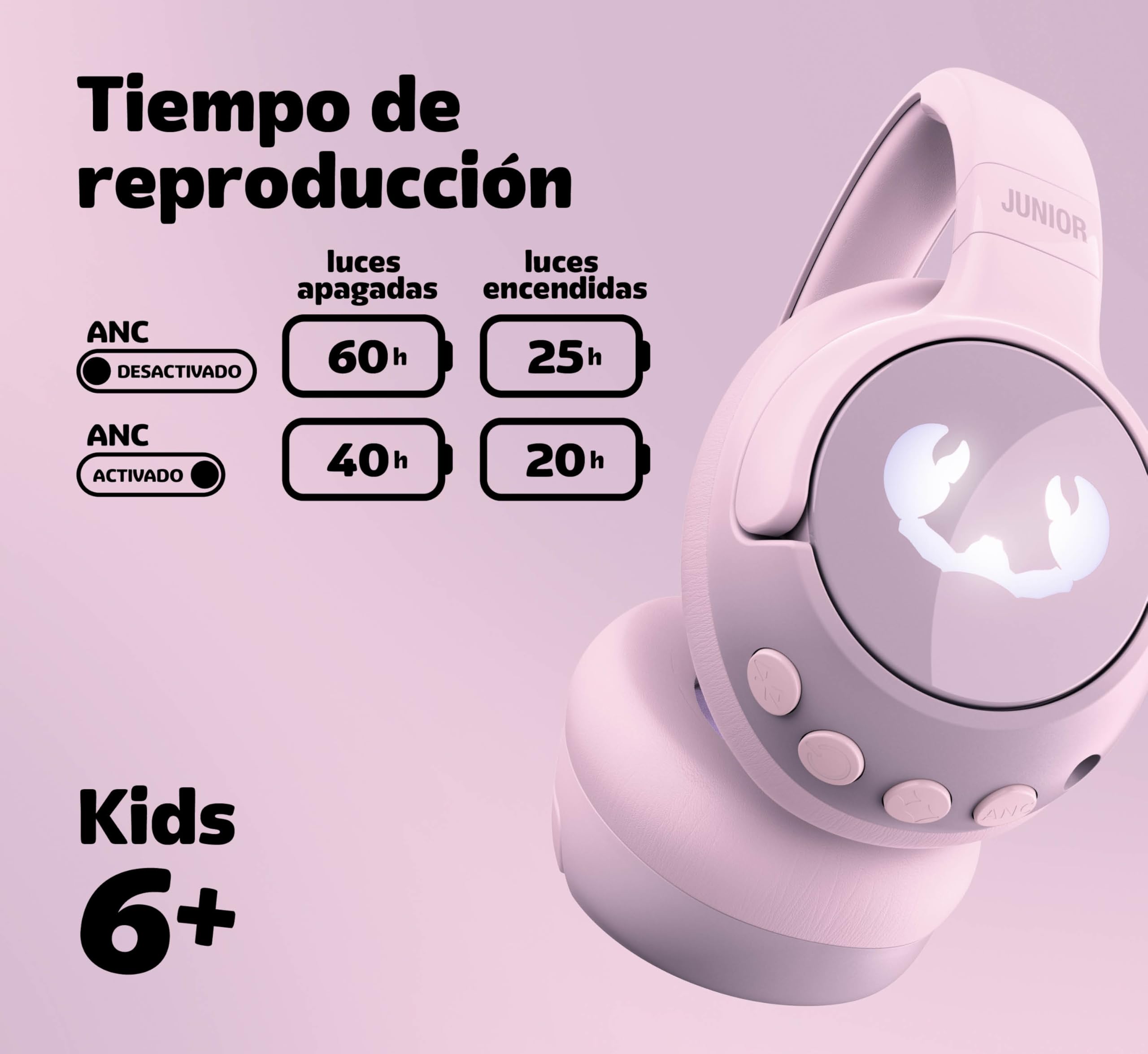 Fresh 'n Rebel Clam Junior, Auriculares Bluetooth para Niños con Cancelación Activa del Ruido, Sonido Seguro (<85dB), con Cable de Audio y Pegatinas, Efecto de LED. 60h de reproducción (Dizzy Donut)