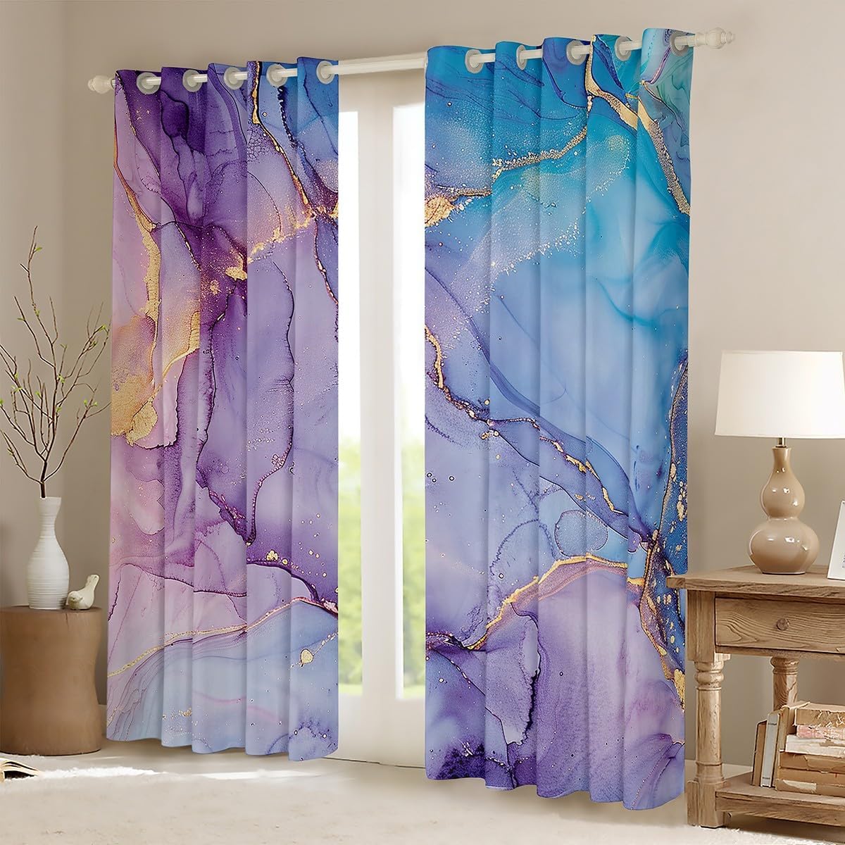 Manfei Kids Marble Window Curtains Abstract Stone Texture Window Treatments, Purple and Blue Marbling Window Drapes for Girls RoomDecor Grommet Top 2 Panel Set Bedroom Curtains, 42Wx84L inch