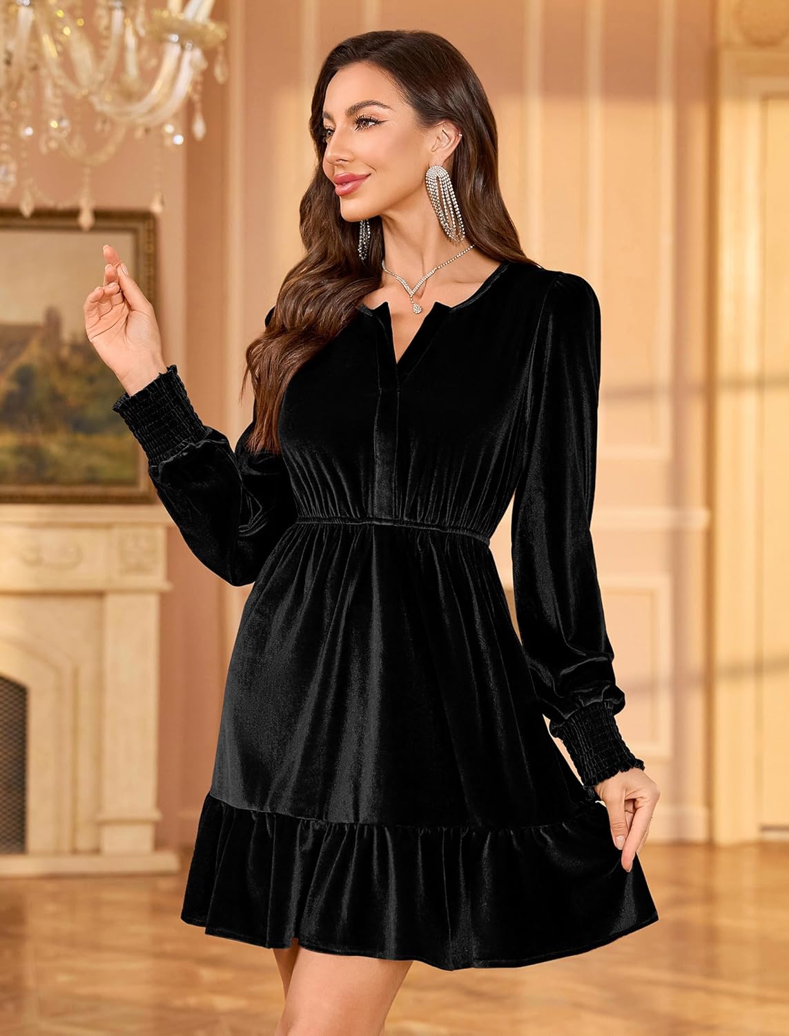 ZAFUL Womens Long Sleeve Velvet Dress 2025 Fall V Neck Holiday Cocktail Party Semi Formal Mini Dresses for Wedding Guest - Image 6