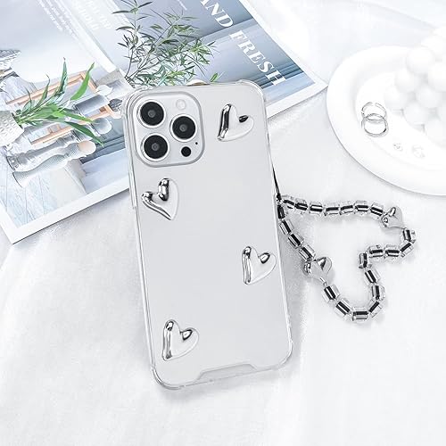 Miniatura 3 de Funda con diseño de espejo para iPhone 13 Pro Max, bonita funda de corazón 3D con cadena de pulsera, silicona suave a prueba de golpes, funda