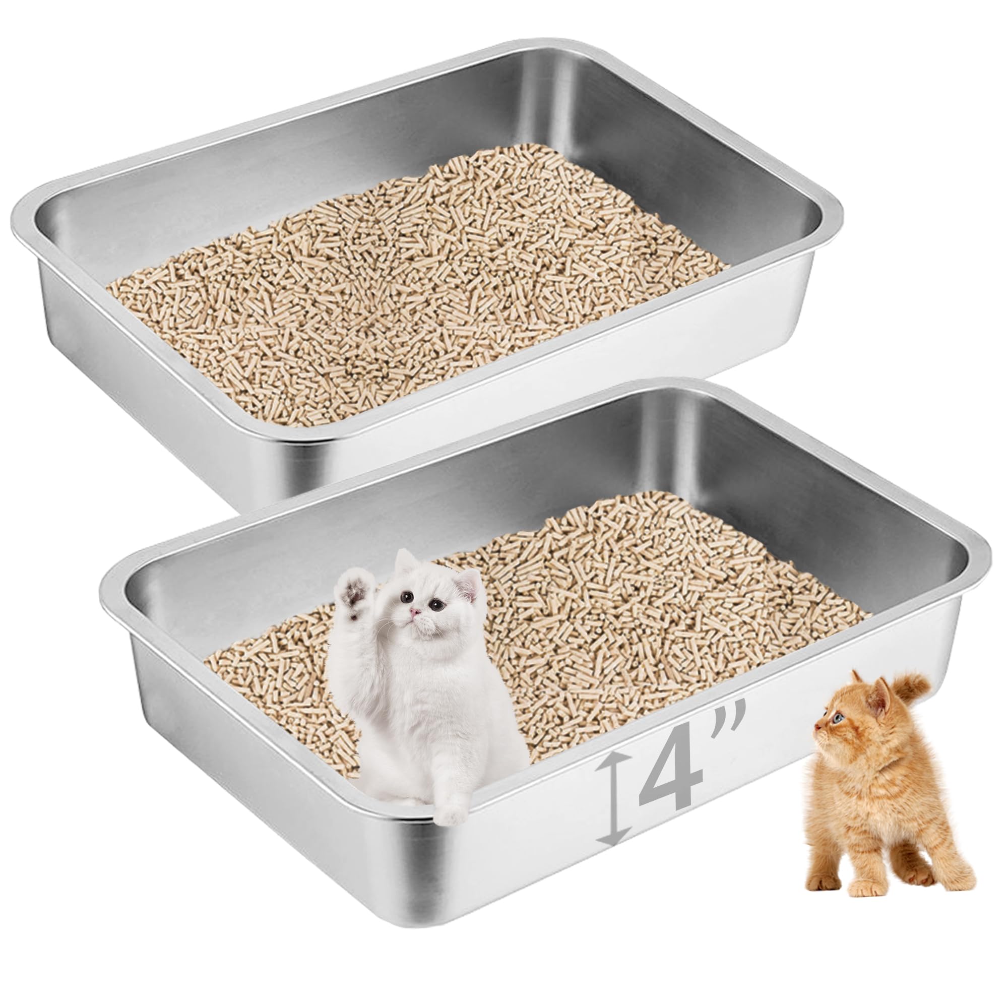 2 Pack Stainless Steel Cat Litter Box, 17.7"×13.8"×4" Metal Litter Pan, Small Litter Box for Little Cats Kittens, Easy Cleaning