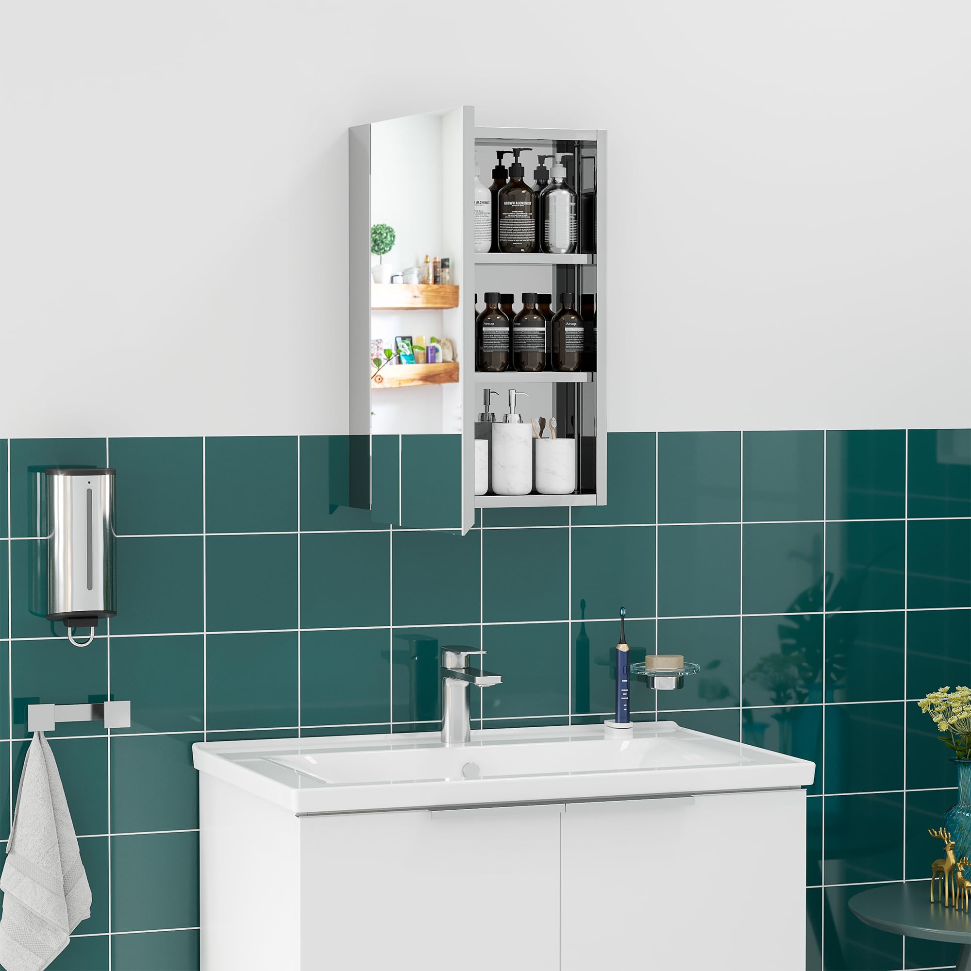 kleankin Armario de Baño con Espejo Armario de Pared 39x12x60 cm Plata | Mueble Colgante para Baño, con Puerta, 3 Estantes de Almacenamiento, para Ducha Aseo