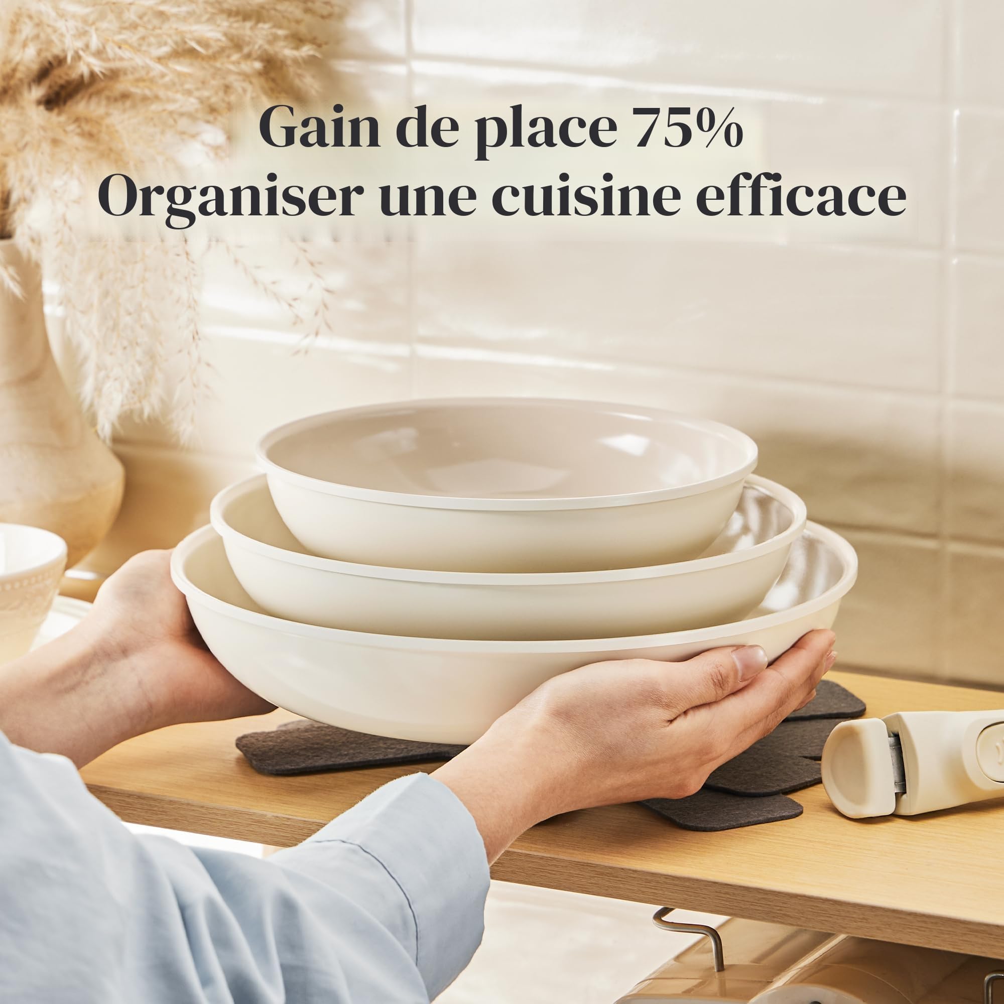 Redchef Lot de poêles céramique antiadhésives 20/24/28 cm induction compatible sans PTFE ni PFOA poignée amovible Beige