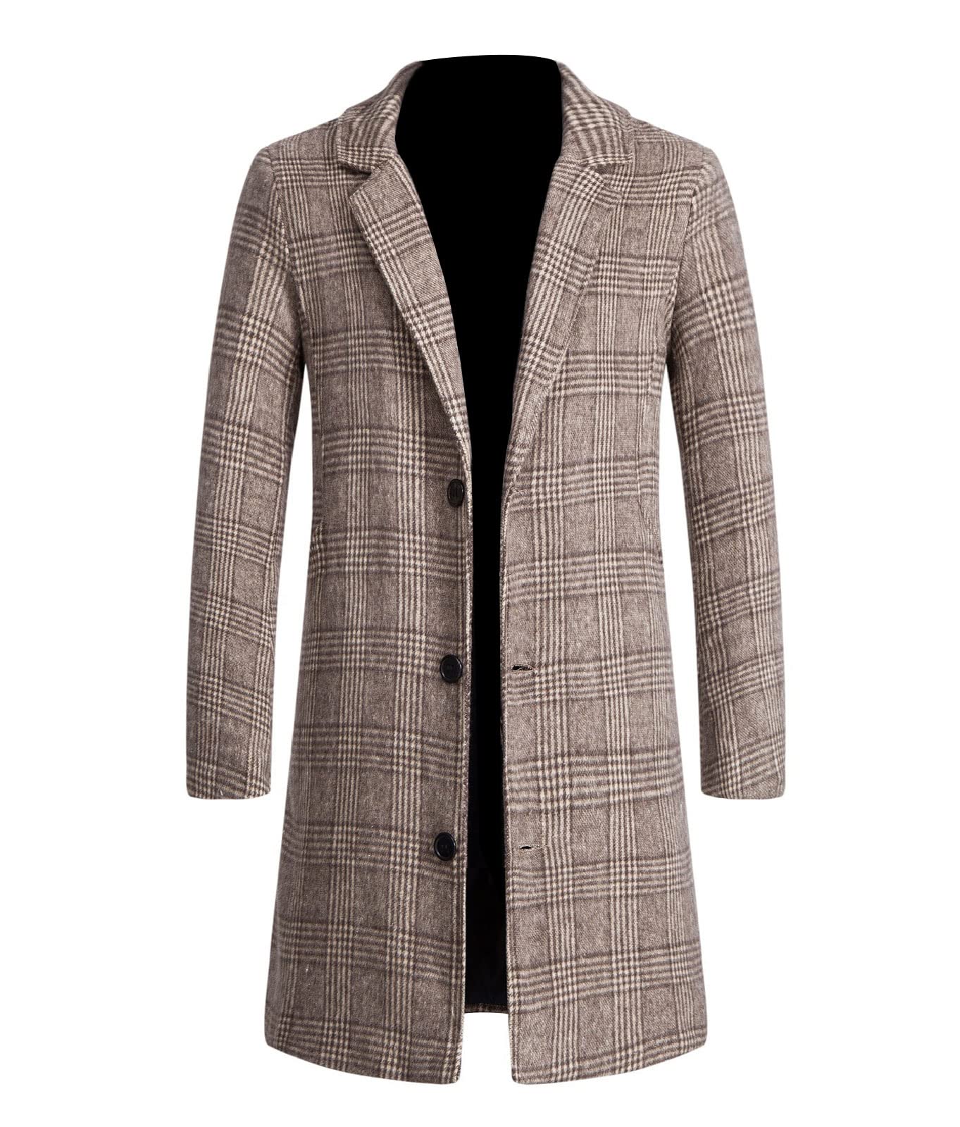 ARbuliry Men Plaid Jacket Coat, Cotton and Woolen Cloth Men Windbreaker Mid-length Classic Elegant Lightweight Men Overcoat