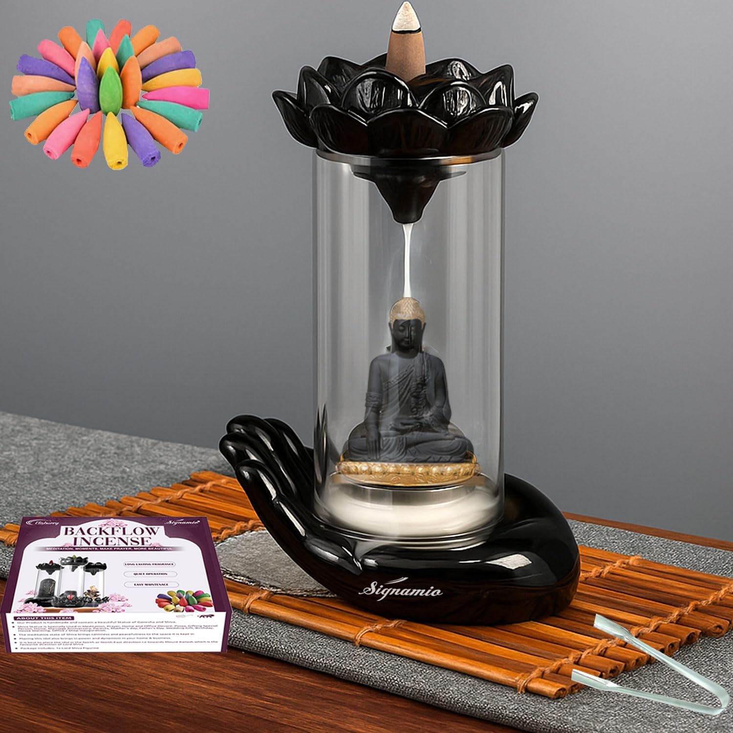 Signamio Hand Buddha Idols for Home Decor Backflow Smoke Fountain - Elegant Buddha Statue Design, Ideal Buddha Idol for Tranquil Ambiance in Your Home or Office with 30 Cone