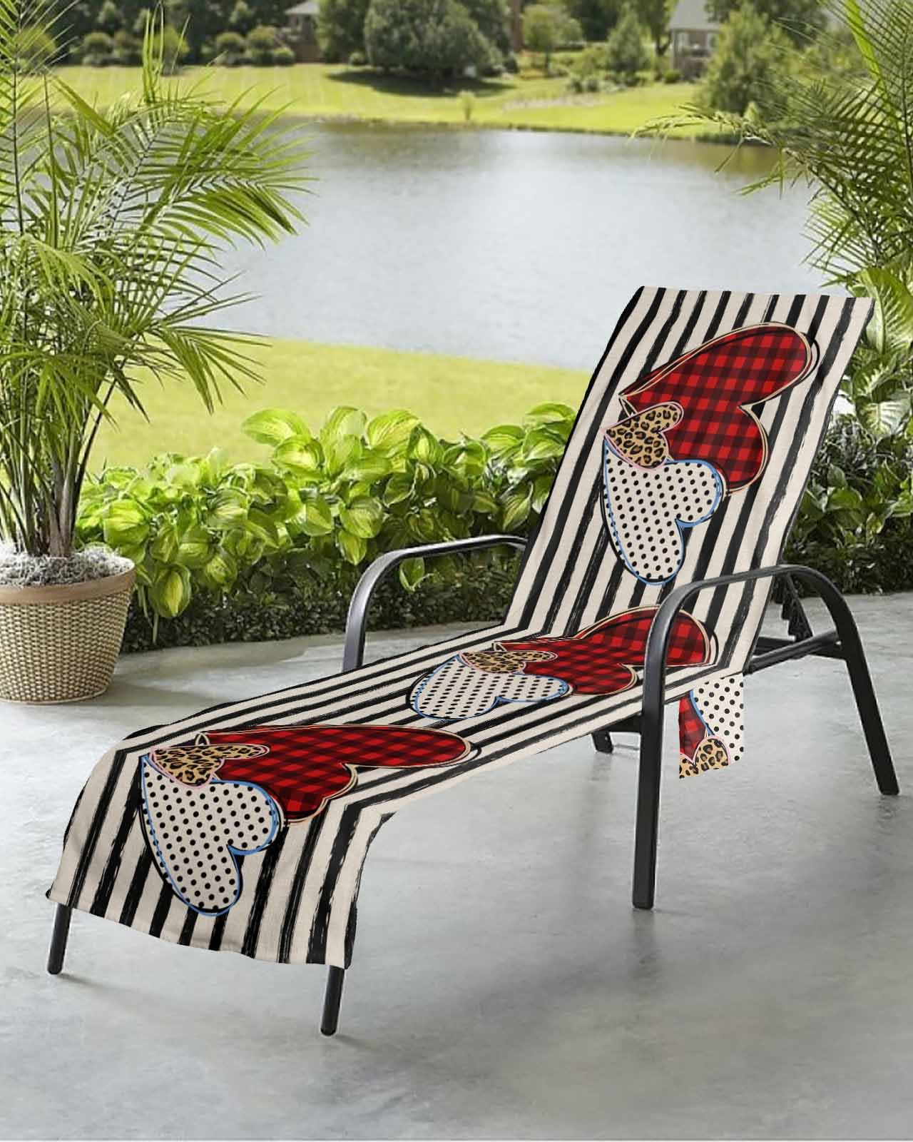 Valentine's Day Beach Chair Towel Covers for Chaise Lounge with Side Pocket, Soft Plush Pool Towels Cover for Patio Sunbathing Outdoor 29''x85'' Vintage Black Stripes Plaid Dots