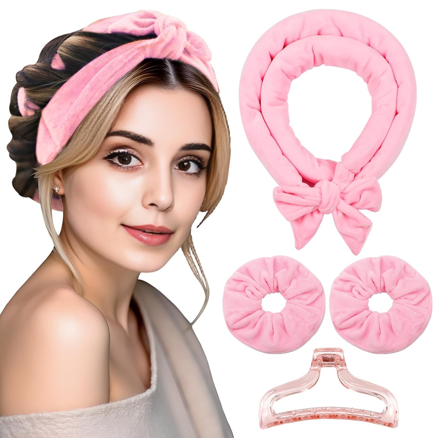 SIQULIX Heatless Curling Rod Headband, Upgraded 60" Extra Long Heatless Curls Headband Soft Hair Curlers to Sleep In Hair Rollers No Heat Curls with Clips and Scrunchies Hair Accessories Christmas Gift (Deep Pink)-image-8