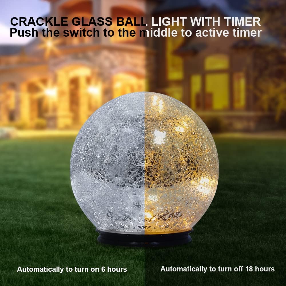 PHITRIC Crackle Glass Ball LED Light, 3 Pack Lighted Mercury Glass Orb with Timer for Homer Decor, Battery Operated Warm White Night LED Table Lamp for Birthday Wedding Bedroom Living-Room Decor