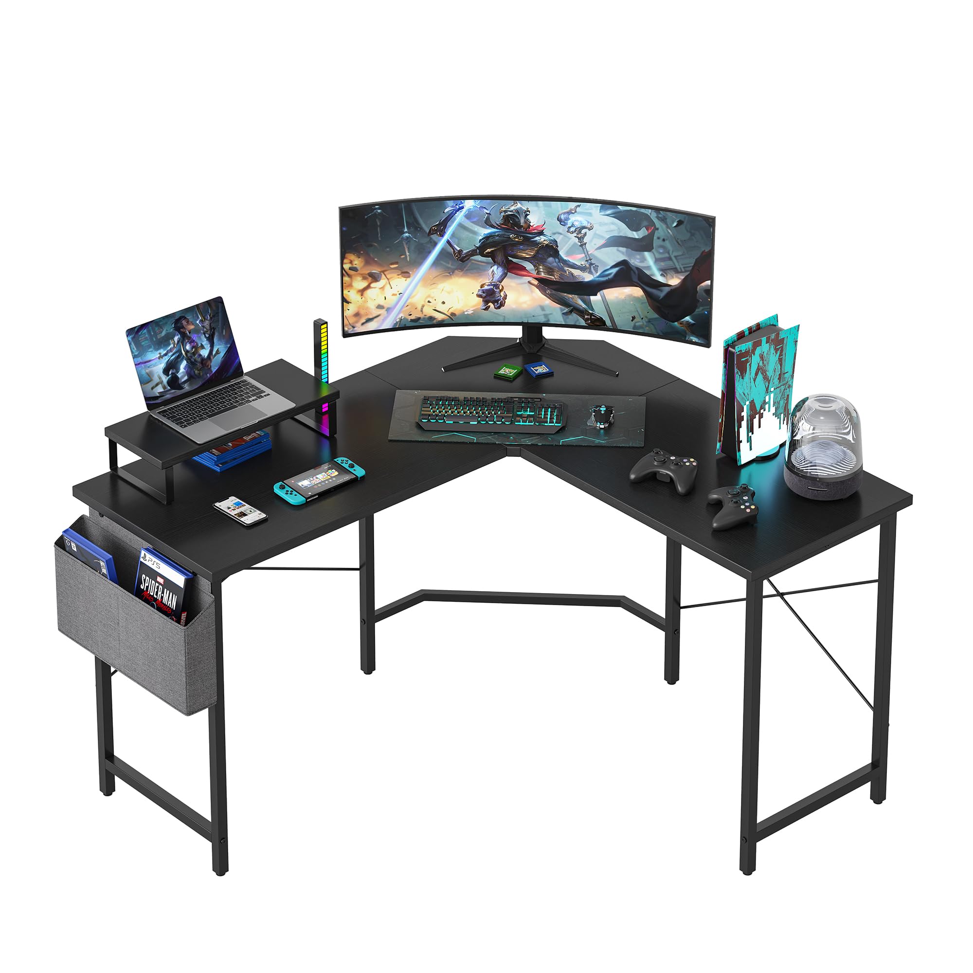 Bureau Gamer D'Angle Devoko 130x130cm - Support Écran, Forme L, Noir Carbone