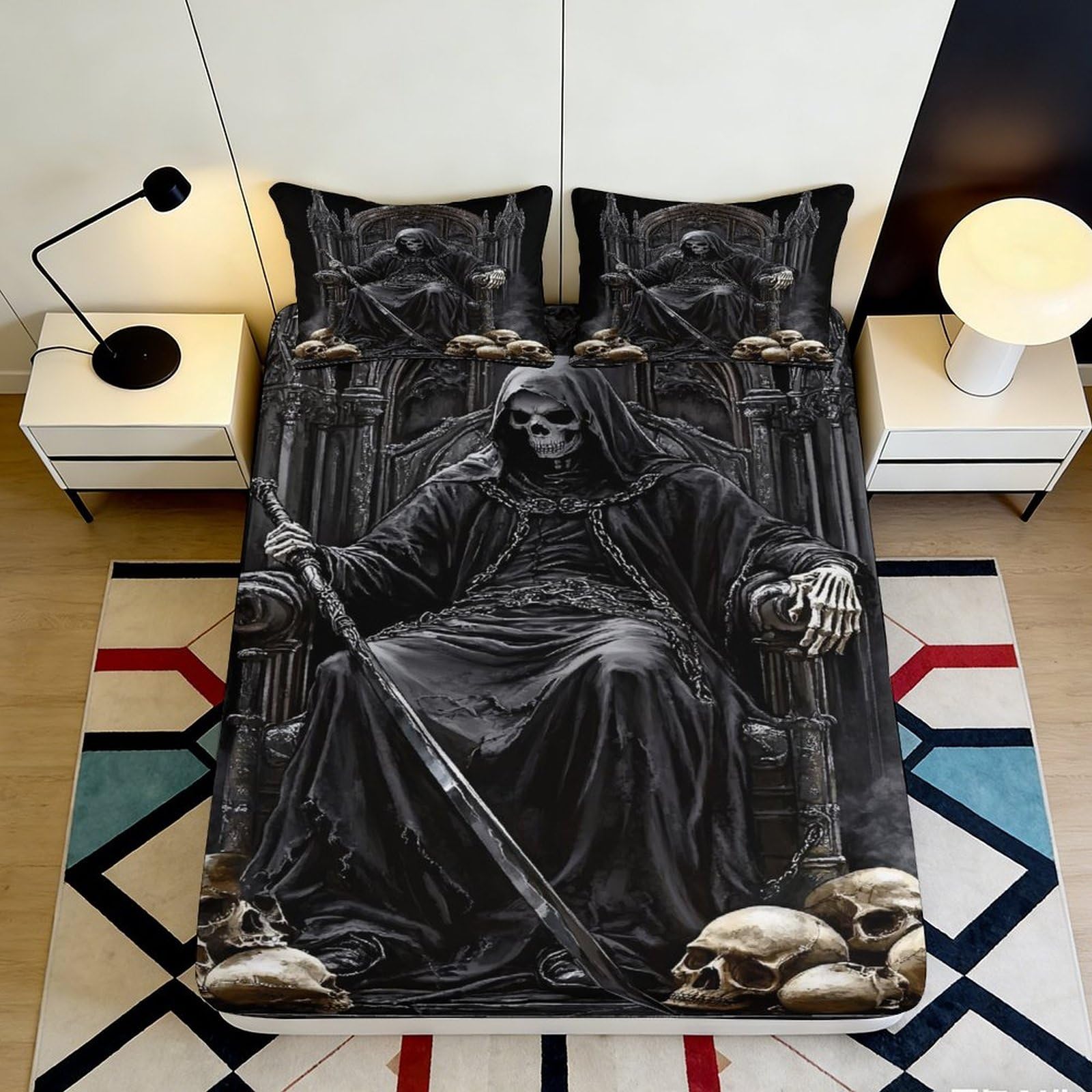 3D Printed Grim Reaper Throne Fitted Sheet Microfiber Skull Gothic Mattress Cover for Bedroom Dorm Protection Decor 180x200x25cm