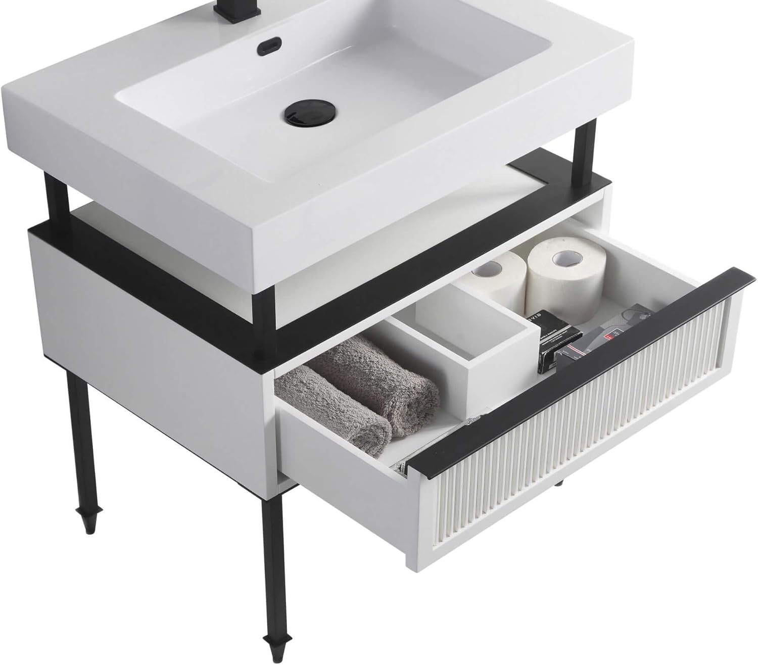 Fine Fixtures Dakota Collection 30 Inch Bathroom Vanity with Sink, Black Sink, White with Satin Brass Hardware, Full Assembly Required, Elegant Bathroom Vanities for Modern Homes