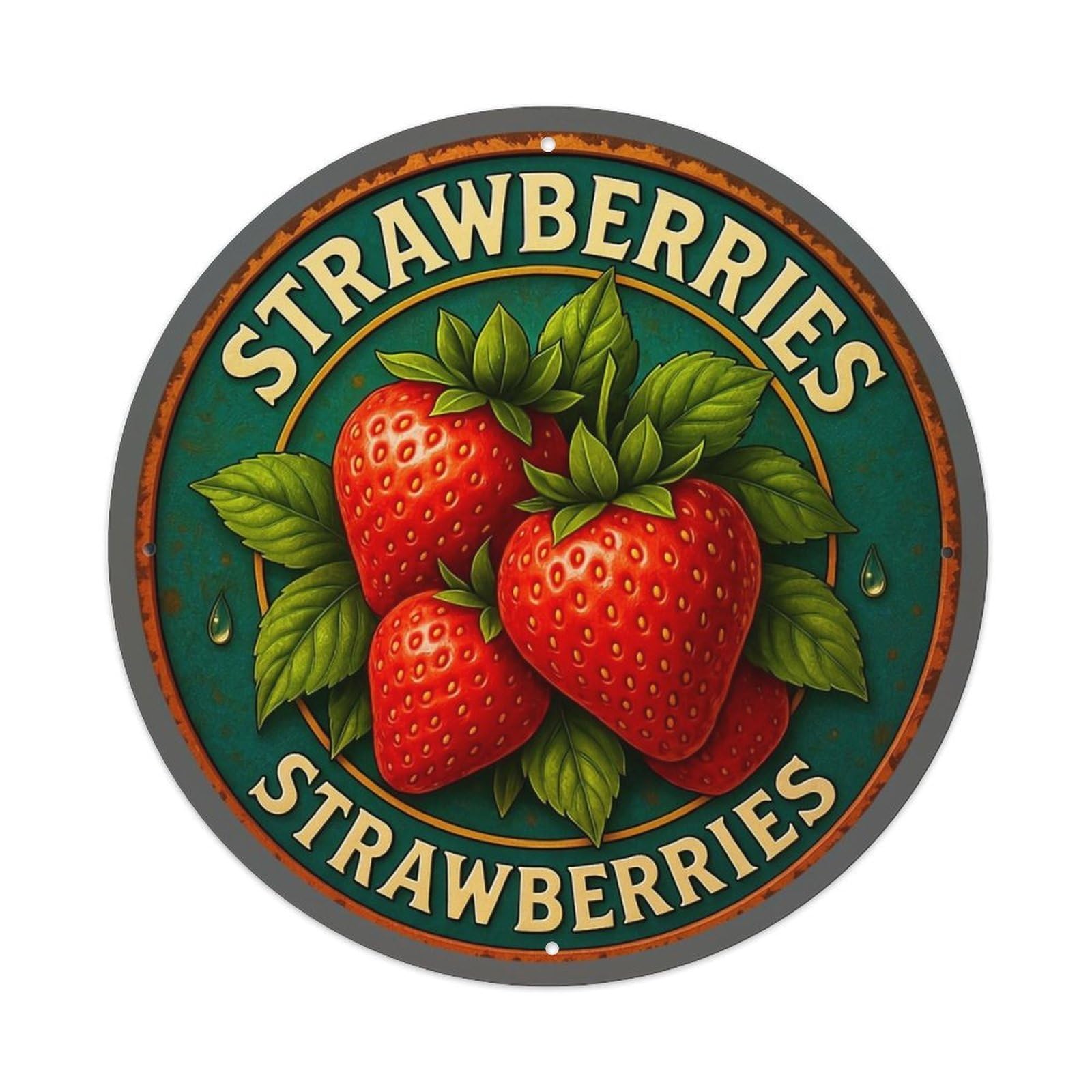 Jdyaojiesheng Vintage Strawberries With Green Leaves And Drops Round Tin Sign Retro Metal Wall Decor Metal Poster, Home Bar Garage Farmhouse Cafe Wall Art Decoration 8X8inch