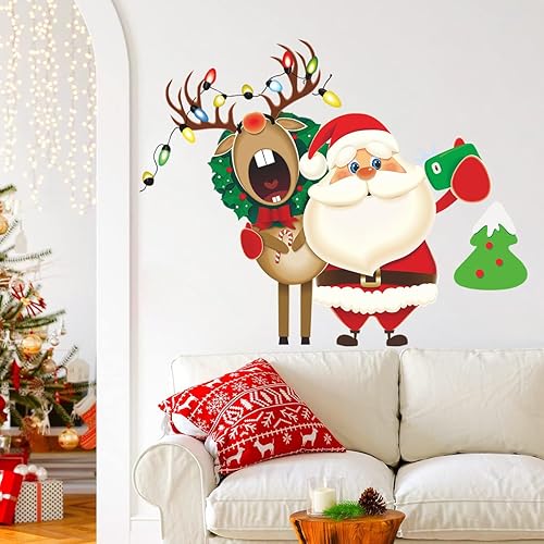 Miniatura 5 de GGBOY Calcomanías de pared de Navidad, calcomanías de pared de Navidad de Papá Noel, calcomanías de pared extraíbles, vinilo de Navidad de renos