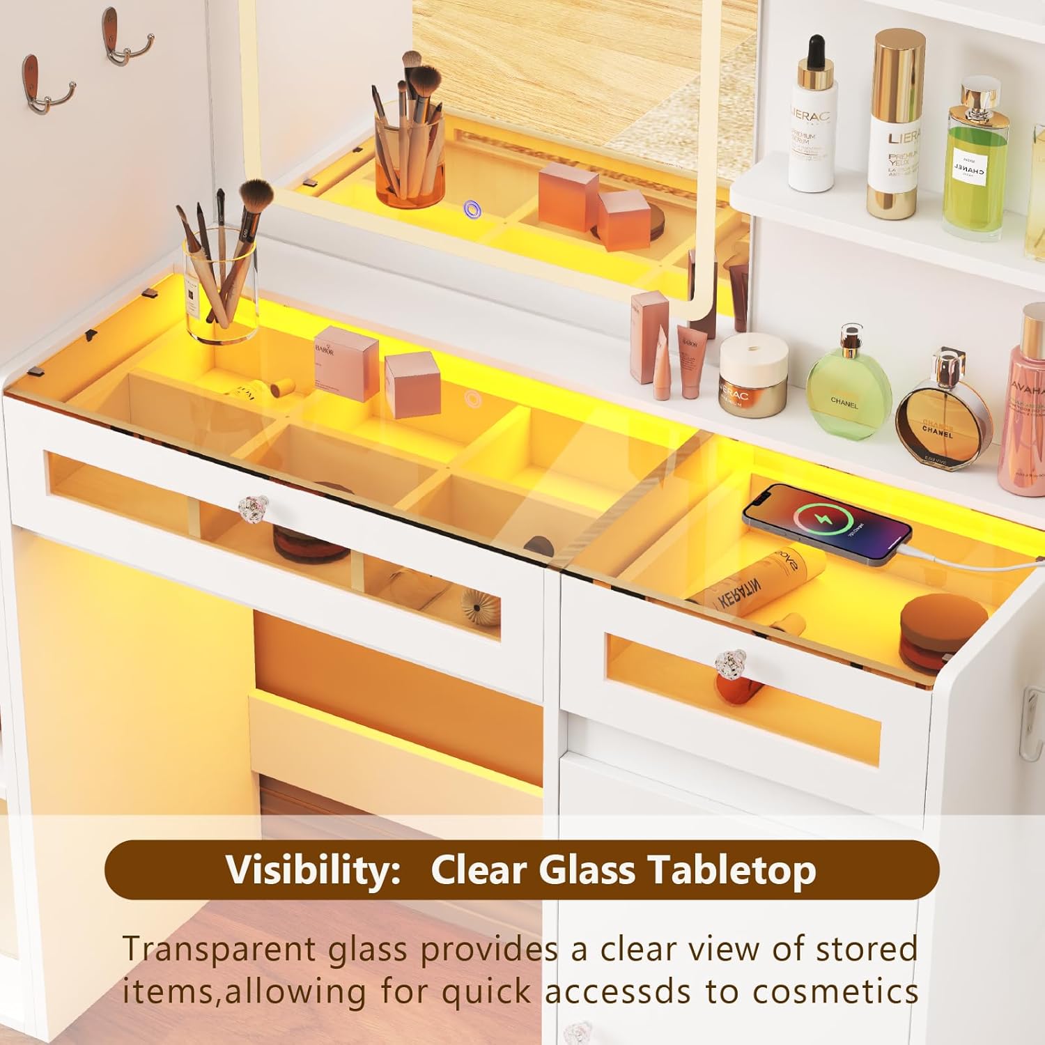 CollaredEagle Makeup Vanity Desk with Mirror and Lights 3 Colors, Transparent Top with 2 RGB Drawers, 5 Large Shelving Unit, Make Up Vanity with Charging Station Woman, White