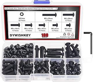 DYWISHKEY 180 Pieces M5 x 6mm/8mm/10mm/12mm/16mm/20mm/25mm, 10.9 Grade Alloy Steel Hex Button Head Cap Bolts Nuts Kit with Hex Wrench