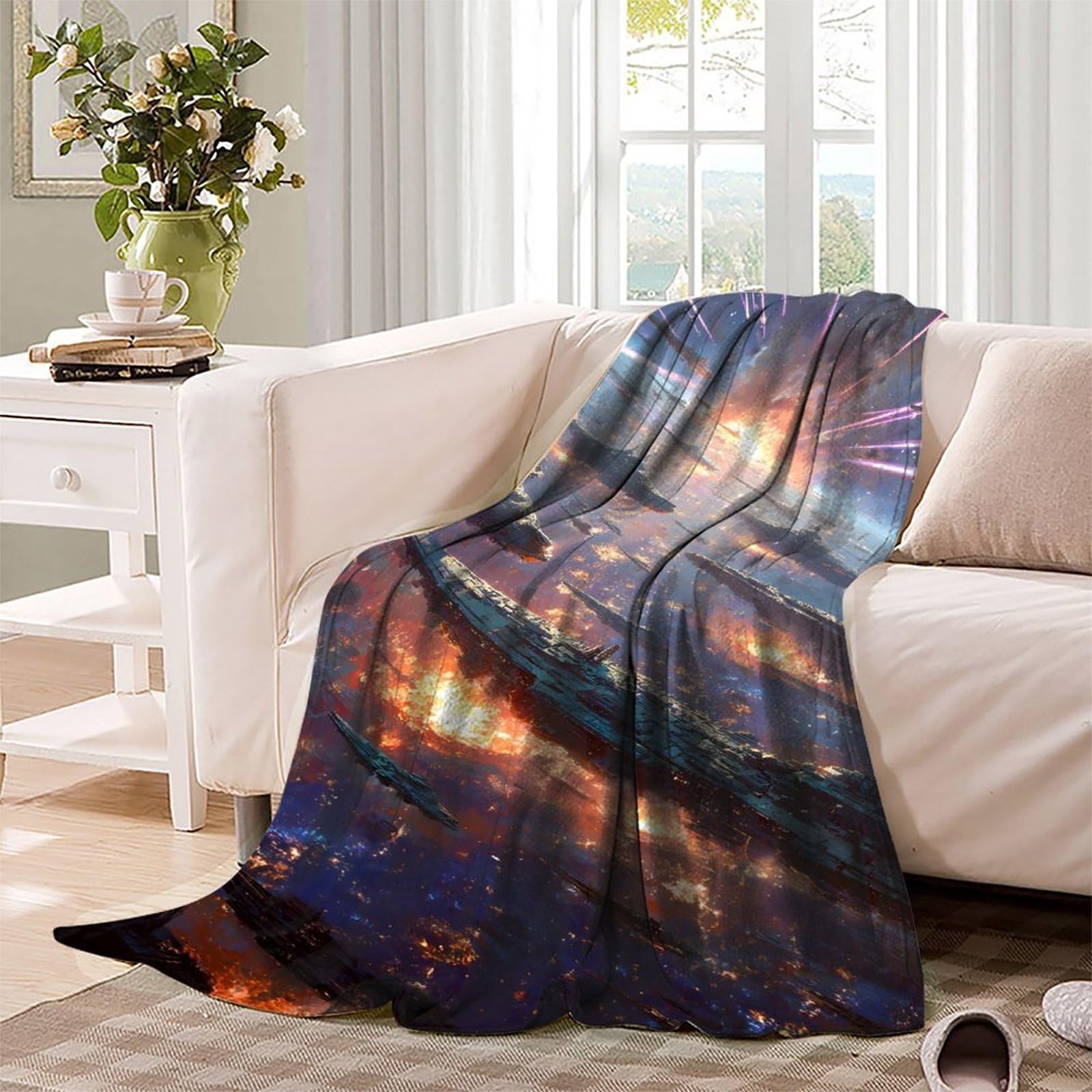 Digitaldruck Weltraum Planeten Galaxie Sci-Fi Thema Flanell Kuscheldecke, Kosmisches Kampfflugzeug Dicke Warme Decke Geschenkidee, 70x80inch(180x200cm)