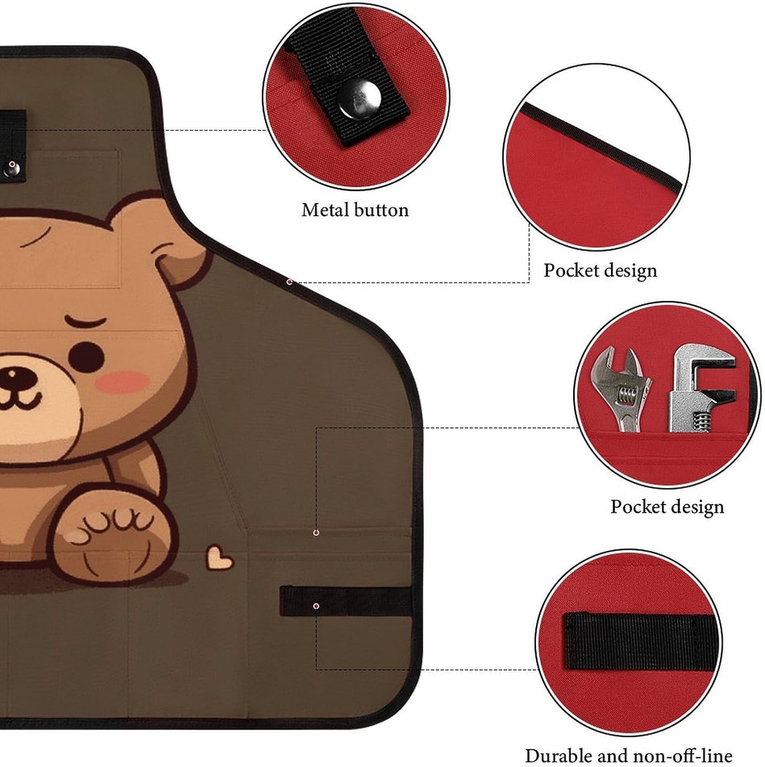 Cartoon Brown Cute Bear Work Apron with Pockets, Adjustable Tool Bag for Women, Welder Aprons for Men, Workshop Apron, Tool Storage Bags for Woodworker, Blacksmith, 28.5" X 23.6" image 3