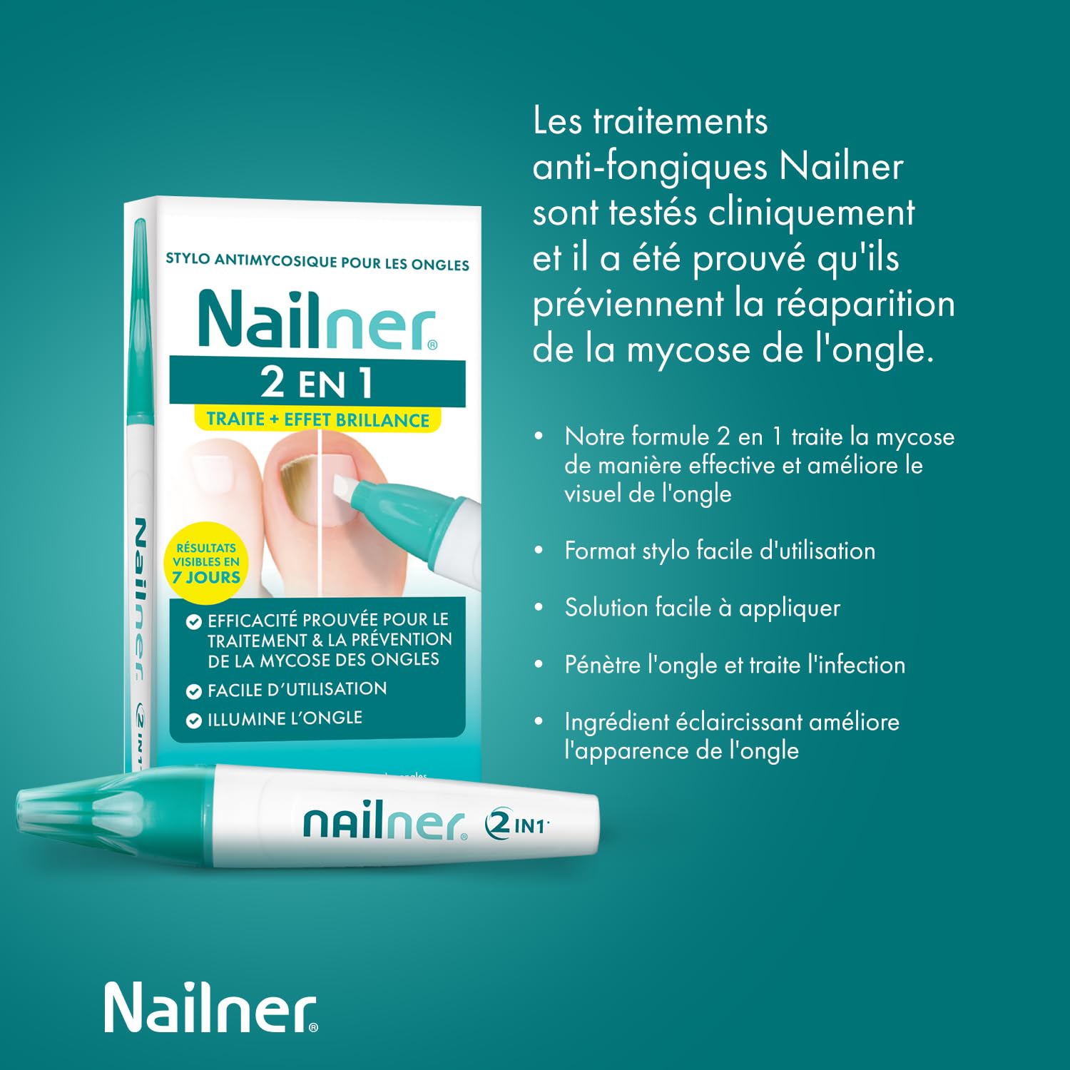 Nailner Stylo 2 en 1contre infections fongiques des ongles 4 ml - Stylo antifongique contre les mycose des ongles des mains et pieds - Résultats en 7 jours - Prévient mycoses des ongles sans limage