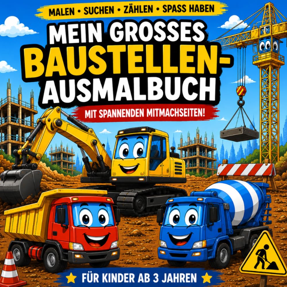 Mein großes Baustellen Ausmalbuch: 30 einfache Ausmalbilder & lustige Mitmachseiten für Kinder ab 3 Jahren