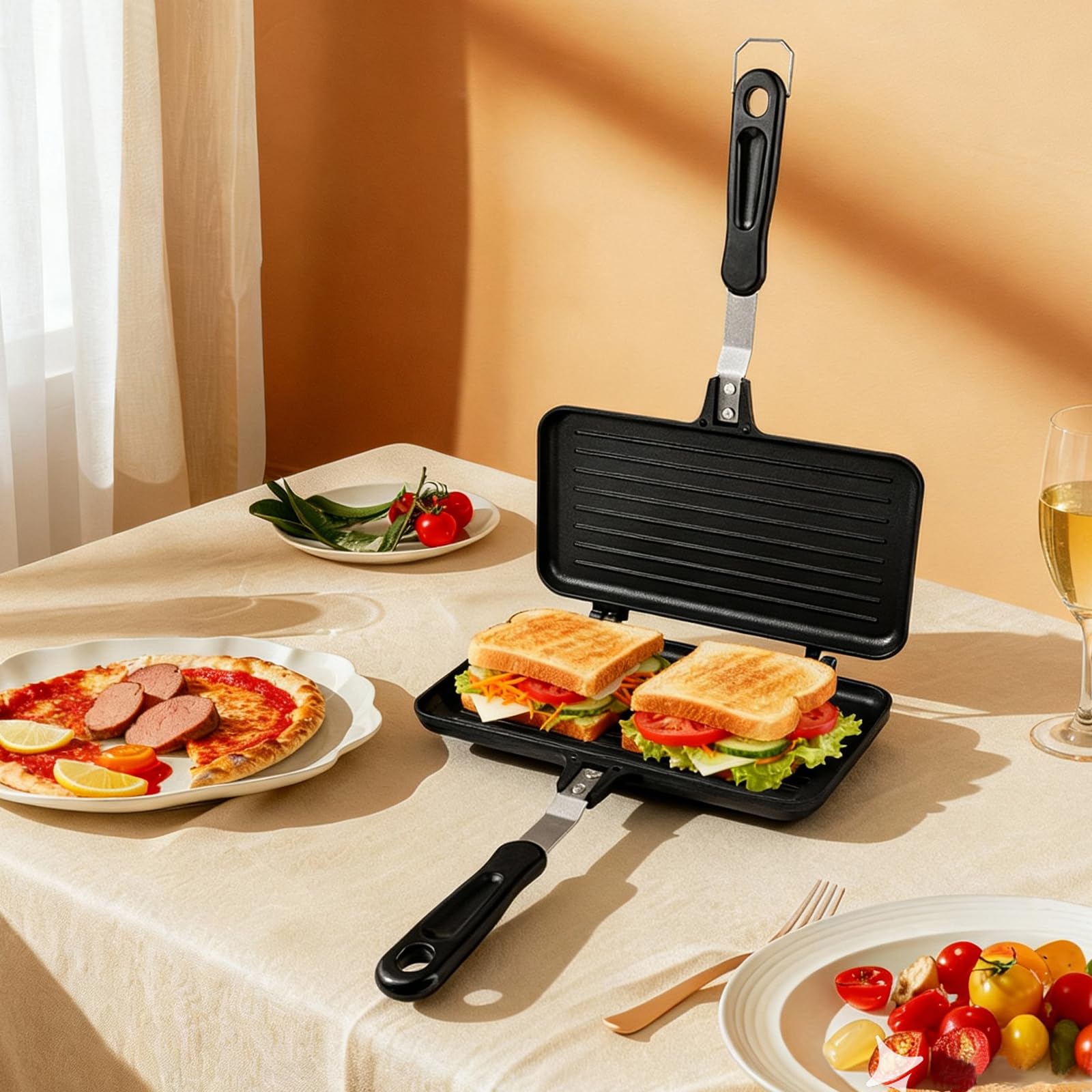Poêle à Frire Double Face,avec Pinceau à Huile et Pinces De Cuisine | Poêle à Frire Double Face,avec Poignées Résistantes Chaleur Poêle à Sandwich, pour Maison, Extérieur, Camping